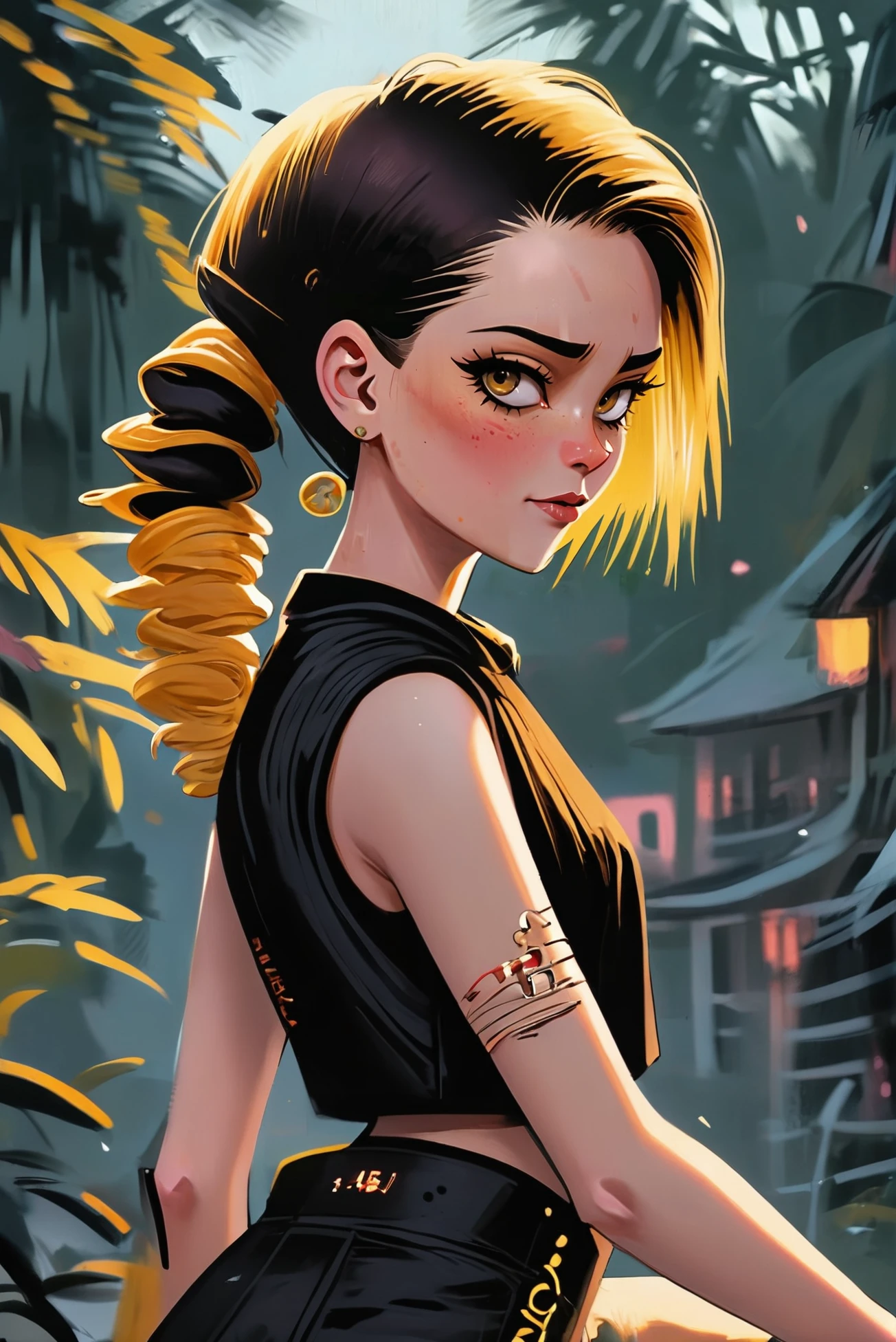 digital painting, anime style, seductive smile, 1girl, woman, punk bad girl, cute, [:casual costume design,:0.2], bombshell punk hair, glowing goldenrod hair, ponytail,Spiral Curls, bombshell hair, black hair, Scalp Braids, thick thighs, narrow waist, albino, mysterious scifi settlement outside of time<lora:EnvyStarlightPunkGirl01:1>