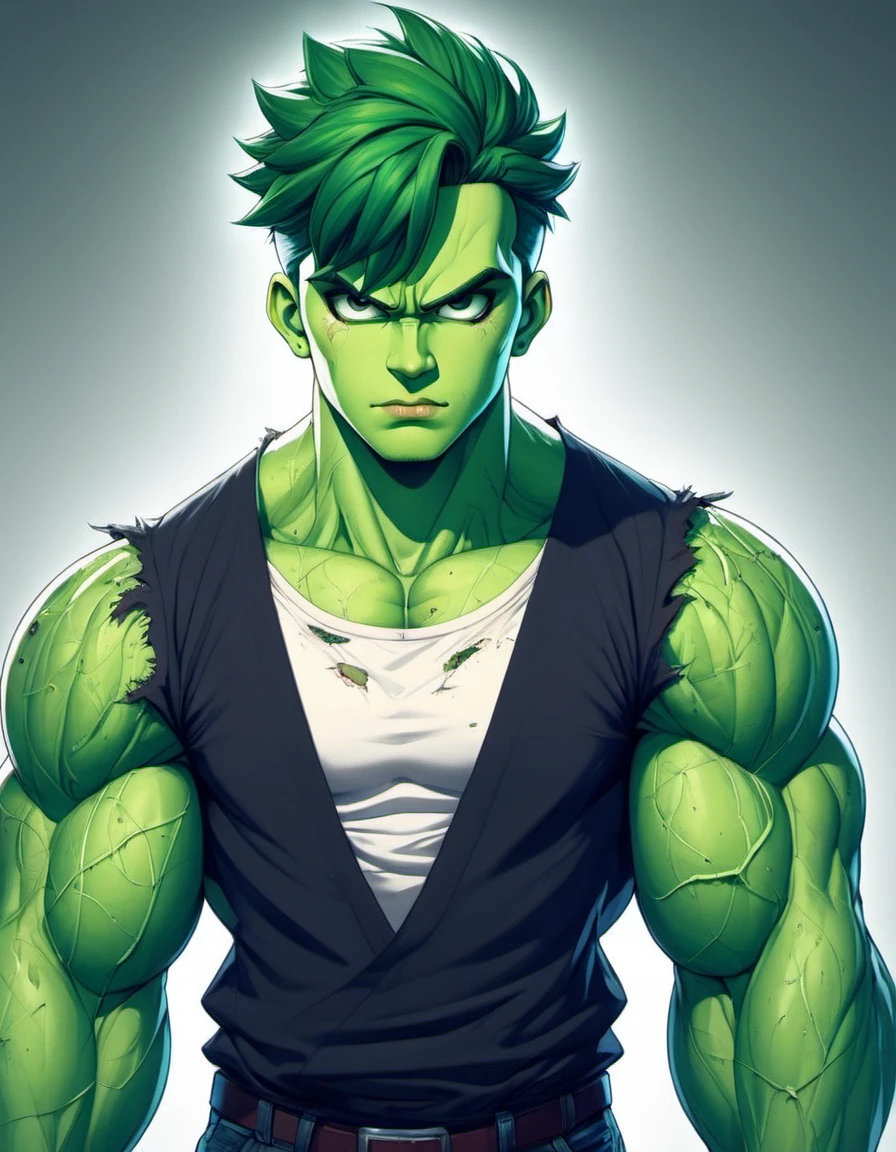 (((masterpiece))) , (((best quality))) , anime style, 2d, well-built charming 1boy, solo, lovely 1boy, HulkRay,  Christina Hendricks, hulking out, he has Shaved sides hair, key visual, 