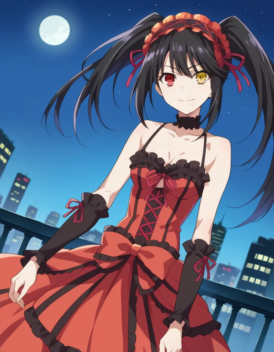 score_9, score_8_up, score_7_up, source_anime, 
kurumitokisaki, <lora:kurumi-tokisaki-ponyxl-lora-nochekaiser:1>, 
kurumi tokisaki astral dress, long hair, black hair, red eyes, twintails, yellow eyes, hairband, heterochromia, smile, dress, red dress, bare shoulders, collarbone, choker, bowtie, red bowtie, detached sleeves, corset, frills, 
outdoors, cityscape, night sky, starry sky, moon,
looking at viewer, cowboy shot, dutch angle,