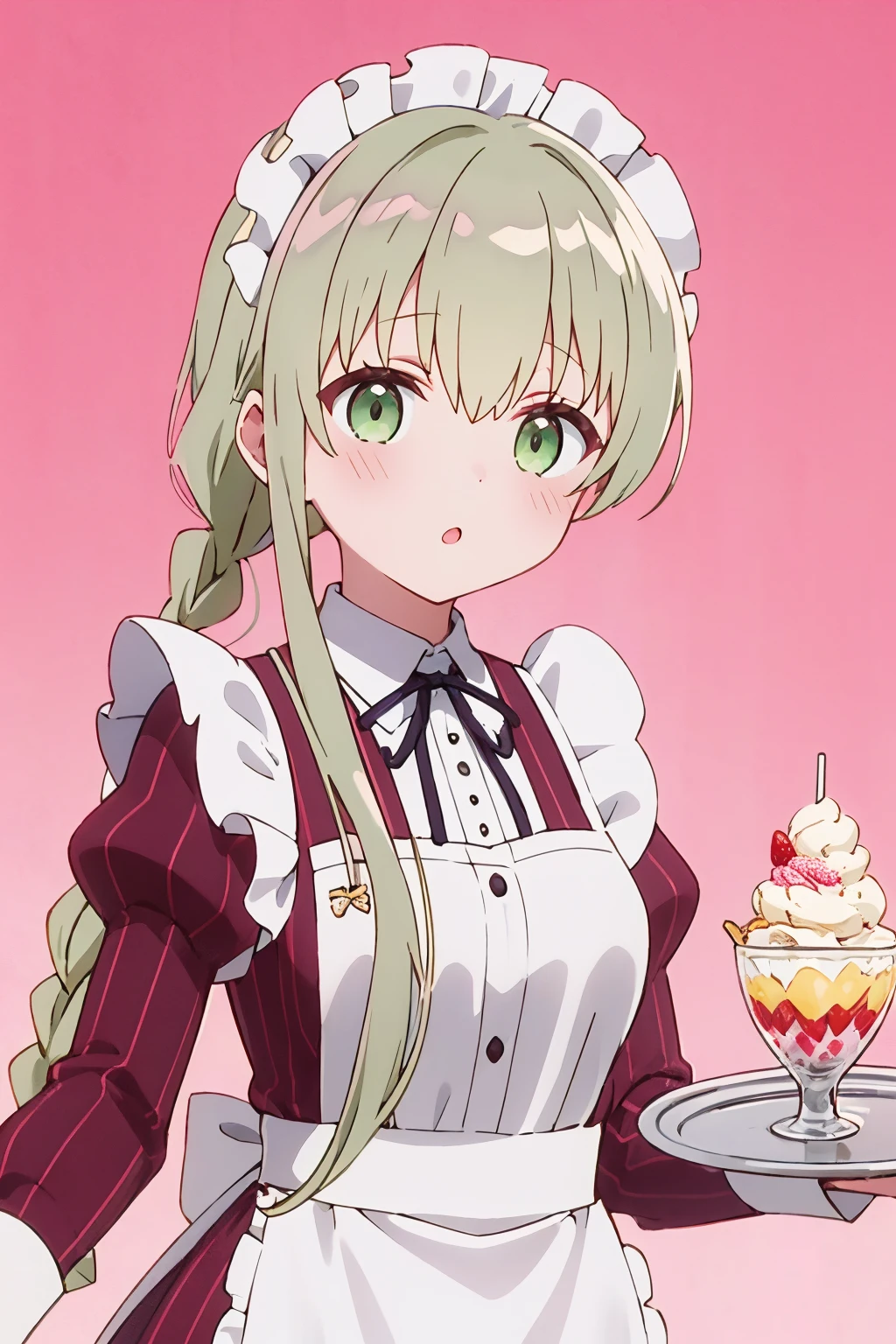 1girl, cecilia \(shiro seijo to kuro bokushi\), anime screencap, green eyes, solo, maid headdress, parfait, eyebrows visible through hair, blush, maid, tray, green hair, food, holding tray, parted lips, looking at viewer, white apron, juliet sleeves, frills, :o, very long hair, hair between eyes, striped dress, frilled apron, strawberry, neck ribbon, floral background, pink background, hair bow, maid apron, single braid, red dress, braided ponytail, alternate costume, black ribbon, blonde hair, fruit, blue bow, ice cream, enmaided, twin braids, white flower, center frills, vertical stripes, black neckwear, upper body, sidelocks, shirt, puffy long sleeves, collared dress, waist apron, open mouth, shiny hair, collared shirt, shiny, twintails, holding plate, plate, waitress
<lora:cecilia_shiro_seijo_locon_v1:0.9>