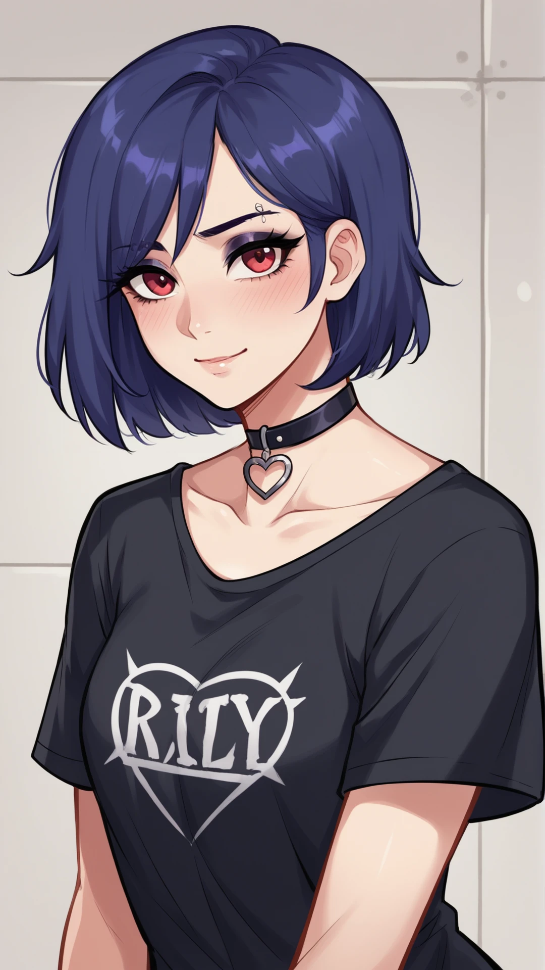 score_9, score_8_up, score_8,
<lora:Everlasting_Summer_Kristina_by_GraffMetal:0.7>, kristina, dark purple hair color, short hair, bob hair cut, red eyes, piercing, 1girl, solo, blue hair, eyebrow piercing, 
blush, light smile,
black shirt, t-shirt, heart choker, goth, eyeliner, eyeshadow, 
amazing background, looking at the viewer