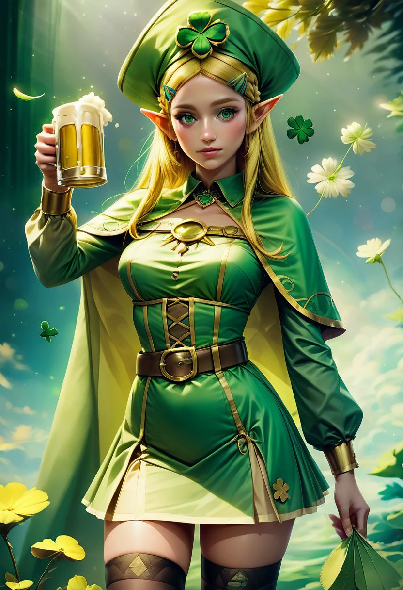 score_9, score_8_up, score_7_up, score_6_up, semi realistic, sexy 18 year old woman, 
princess zelda, long hair, hairclip, pointy ears, green eyes,
ShamrockWorld, clover, four-leaf clover, light particles, solo, 
corset, thighhighs, green skirt, long sleeves, collared dress, solo, looking at viewer, hat, holding, belt, cup, no humans, animal, holding cup, alcohol, mug, green headwear, hat feather, animal focus, beer, beer mug, clover, four-leaf clover, green cape, green capelet,
volumetric lighting, mood lighting, low lights, soft light, hazy, intricate details, rating_explicit, (ultra realistic, 32k, masterpiece:1.2), (high detailed skin:1.1), (high quality:1.1), bokeh, luminescent background, zPDXL