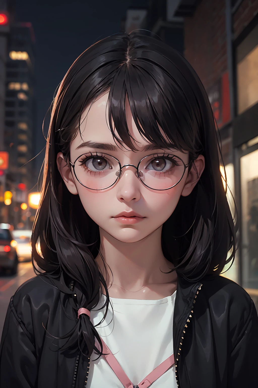 (detailed realistic background:1), (official art, beautiful and aesthetic:1), realistic lighting, cinematic lighting, hyperrealism, Poor lighting, sharp, artistic photoshoot, (cute, petite), slender, pale cheeks, square face shape with angular jaw, natural "no-makeup" makeup, (A girl in the night at the city, looking terrified), night, [dark], (round glasses), jacket