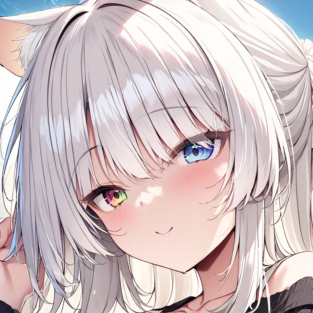 1girl,close-up,head focus,white hair,heterochromia,masterpiece, best quality, very aesthetic, absurdres ,  <lora:yatanukikey face XL-v1:1>