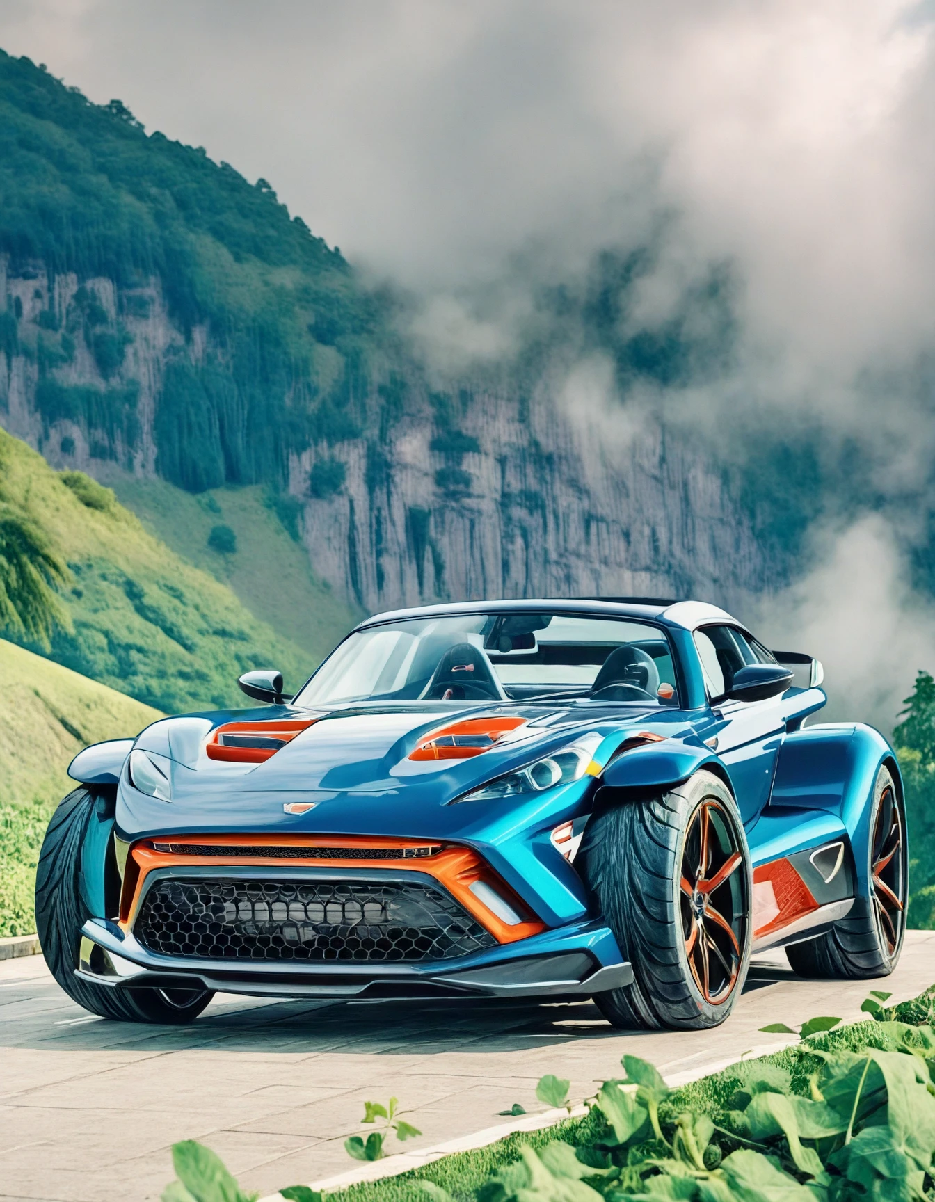 photo of blue sports car, drawing attention as a unique and eye-catching vehicle at a  ,This image features a very tall red building with three stories, standing in a lush green forest. The building appears to be a pagoda, which is a traditional Asian architectural structure. The pagoda is surrounded by a beautiful waterfall, adding to the picturesque scenery. The combination of the pagoda and the waterfall creates a serene and captivating landscape.