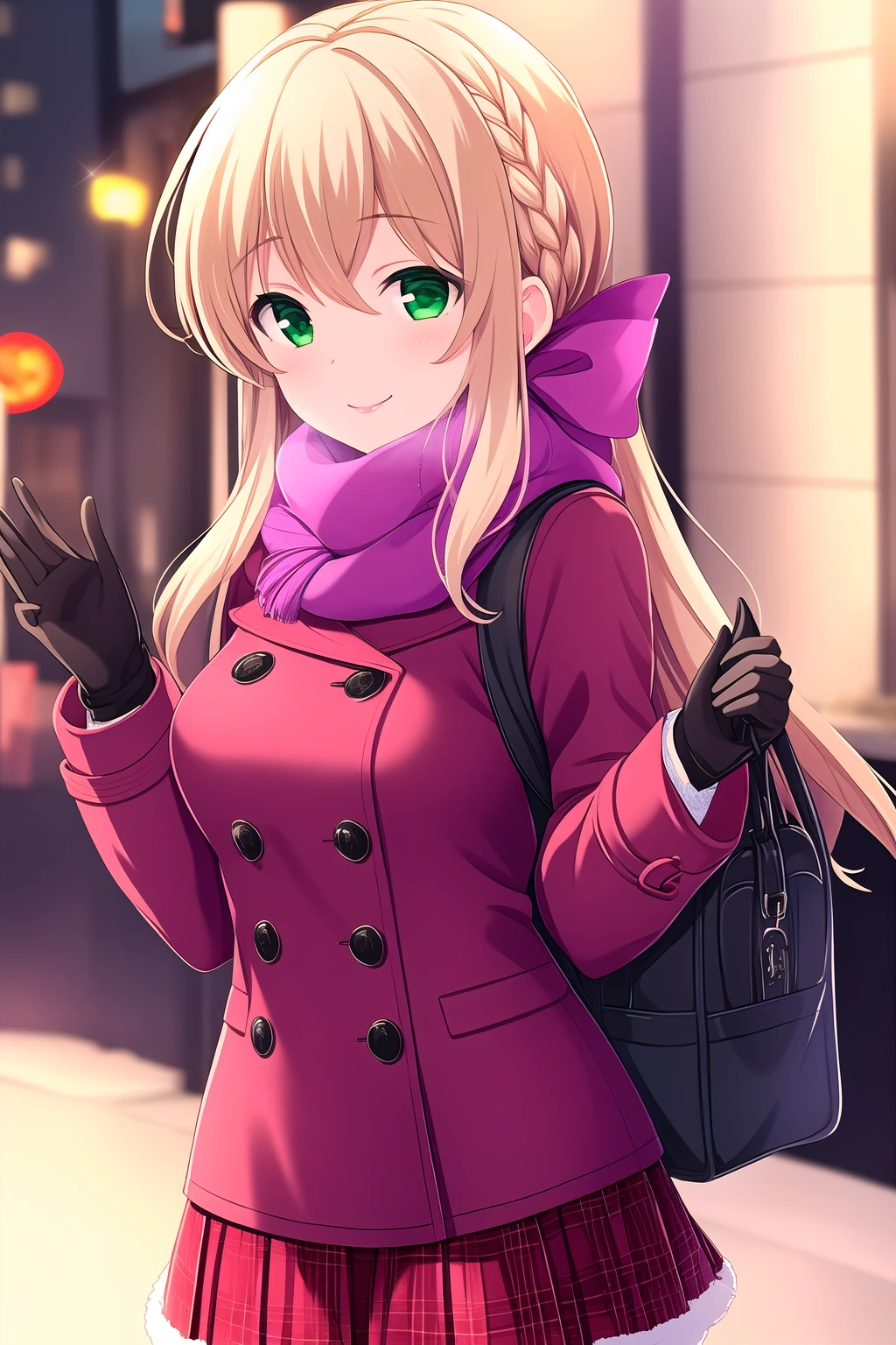 (masterpiece, best quality), highly detailed background, perfect lightingbest quality, mochizukierena, solo, outdoors, winter, city, blonde hair, hair between eyes, french braid, hair ribbon, purple ribbon, very long hair, green eyes, pink scarf, striped scarf, medium breasts, brown coat, black gloves, red skirt, pleated skirt, black pantyhose, winter clothes, smile, closed mouth, :), pink lips, <lora:Mochizuki-Erena:0.7>