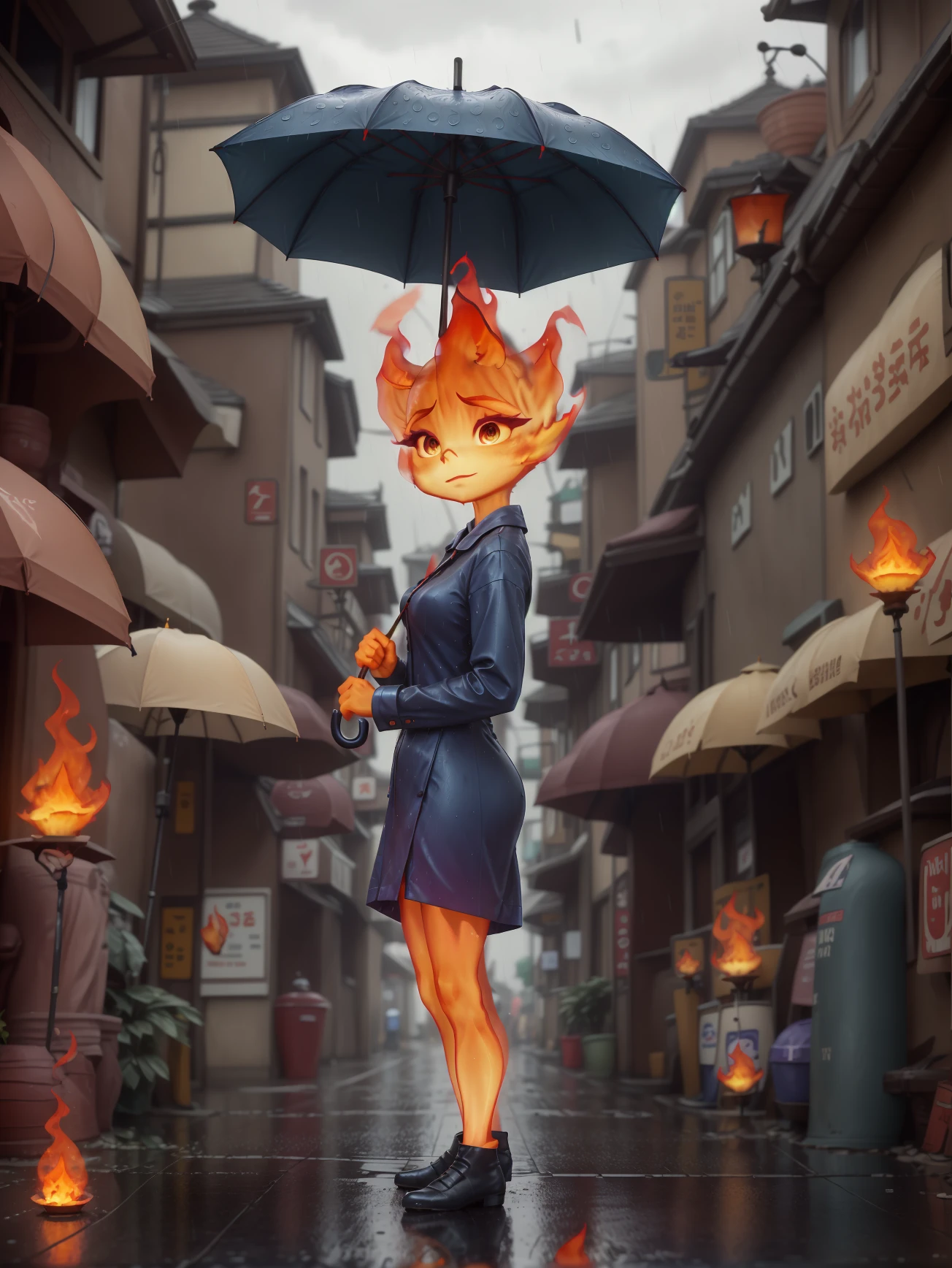 Ember standing at the street at rainy day with umbrella  <lora:Ember-SD1.5-20-thin:1>