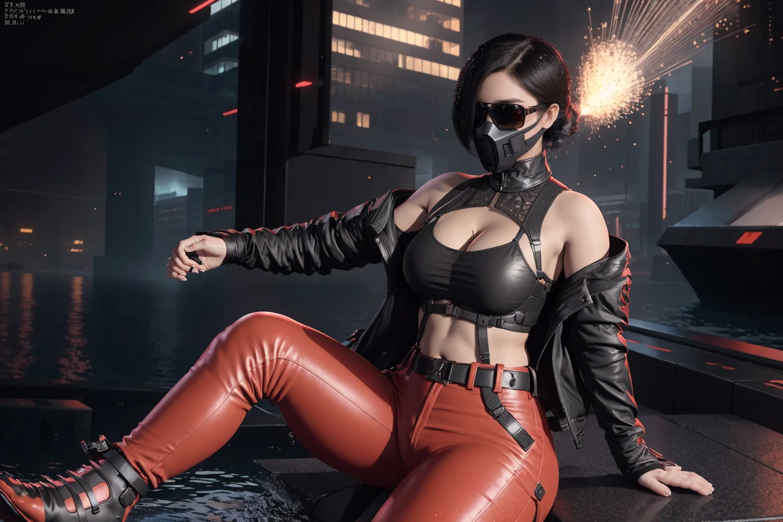 JetAugmentedHuman, mask, leather outfit, a pair of sunglasses, futuristic suit, lacy collar, off the shoulders jacket, sleeves pushed up, red pants, belt, rings, white boots, (showing feet to the screen:1.3), (cleavage, navel, curvy, curvy waist, sexy pose, away from the camera, full body:1), ((city background, city in the chaos:1)), (masterpiece, best quality:1), solo, 1girl, nsfw, blush, young, beautiful girl, sexy girl, (dynamic poses:1.2), arms behind back, aesthetic hands, female hands, beautiful hands, perfect hands, beautiful face, perfect face, extreme lighting, high contrast, 8K, sharp focus, high resolution scan, Nikon Z9, Canon 5d, high detailed, realistic, very realistic, photorealistic, photorealism, RAW,  ((full of water, water particles, fire particles, bokeh particles:1)), <lora:JetAugmentedHumanv1-000015:0.7>