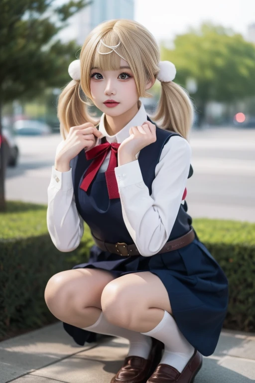 (8k RAW photo,best quality, masterpiece:1.2), 1girl, blonde hair, short hair, double bun, bun cover, school uniform, pleated dress, thighhighs, light smile, sitting, outdoor, forest, professional lighting, soft focus, <lora:ACGirl:1>, <lora:koreanDollLikeness_v15:0.3>, (ulzzang-6500-v1.1:0.3)