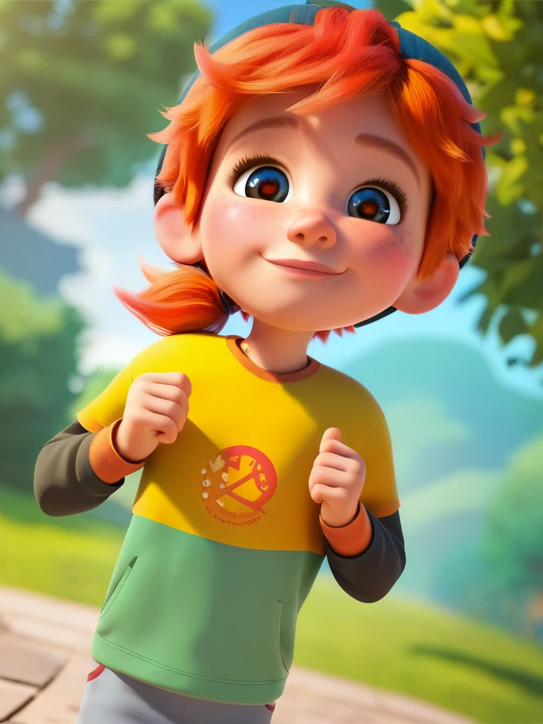 score_9, score_8_up, score_7_up, score_6_up, 1boy, freckles, cap, red hair, ponytail, looking at viewer, dynamic angle, cowboy shot, cute, cartoon, cute pose, smile, blush, wide shot, cute eyes, magic vibes, bangs, floating hair, outdoors, vegetation, trees, detailed background, cinematic, child,
<lora:DisneyStudios_style:0.8> DisneyStyleXLP