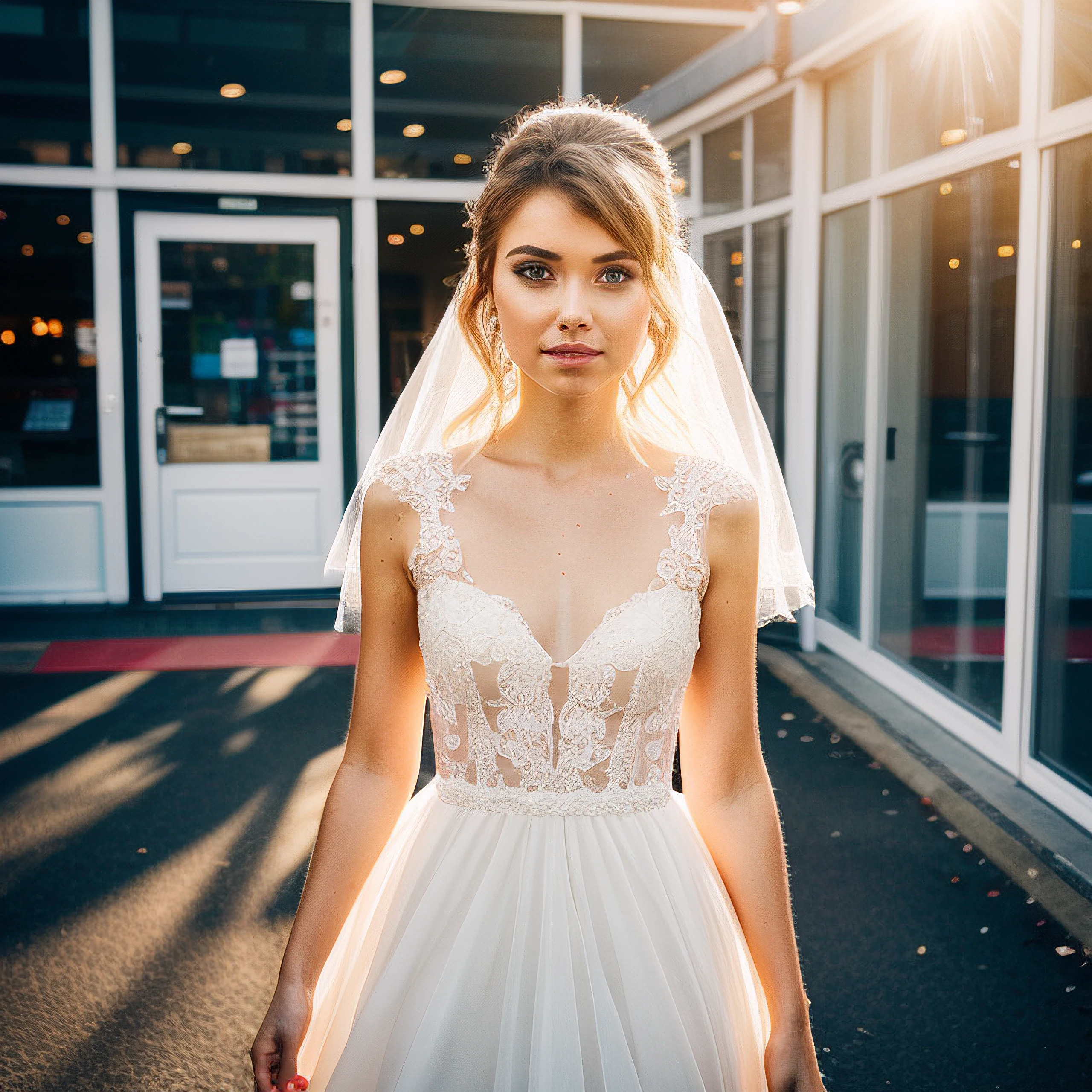 ipoot, realistic photograph, messy hair, neon shopping mall, haze, glare, sunlight, wedding dress, makeup, elegant, parted lips, looking at viewer, masterpiece, 8k, ultra-Hd, realistic:1.8