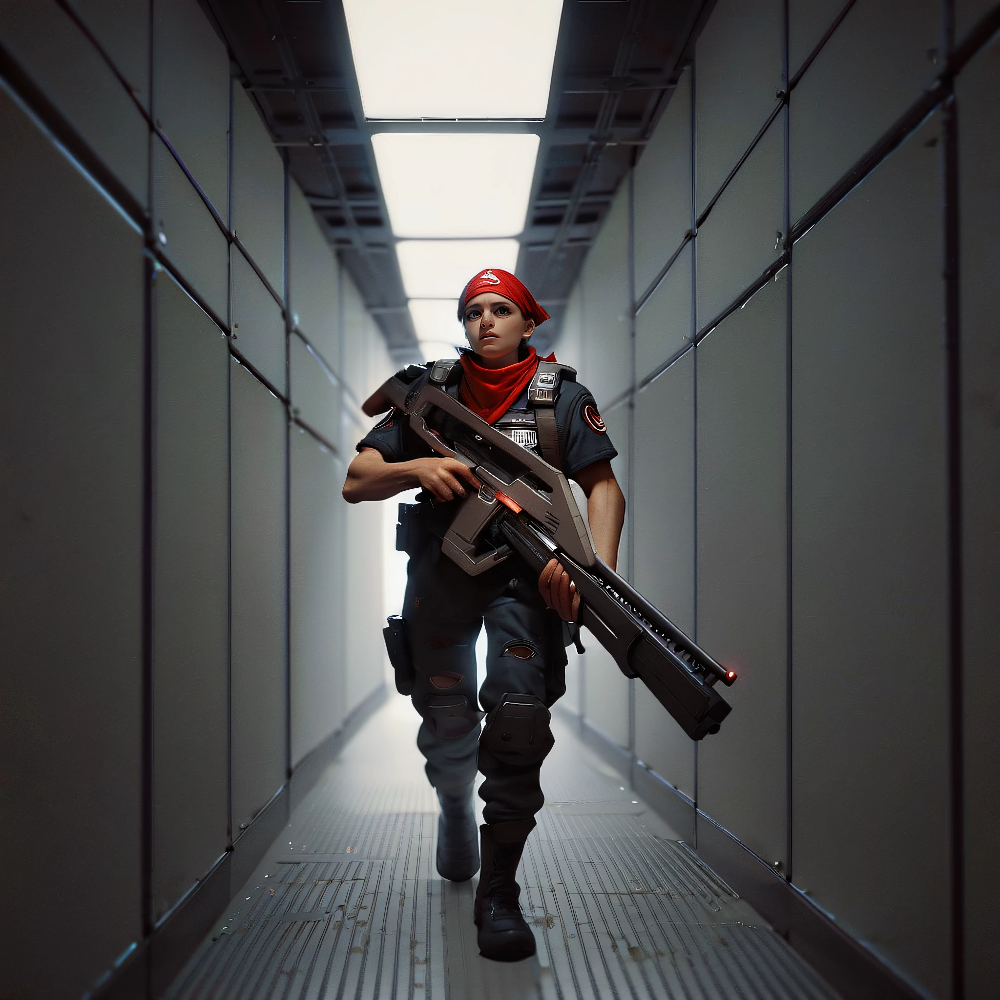 score_9, score_8_up, score_7_up, score_6_up, score_5_up, score_4_up, source_anime, BREAK, a female soldier in torn uniform and red bandana aiming a rifle with both hands, m41apls, corridor, science fiction