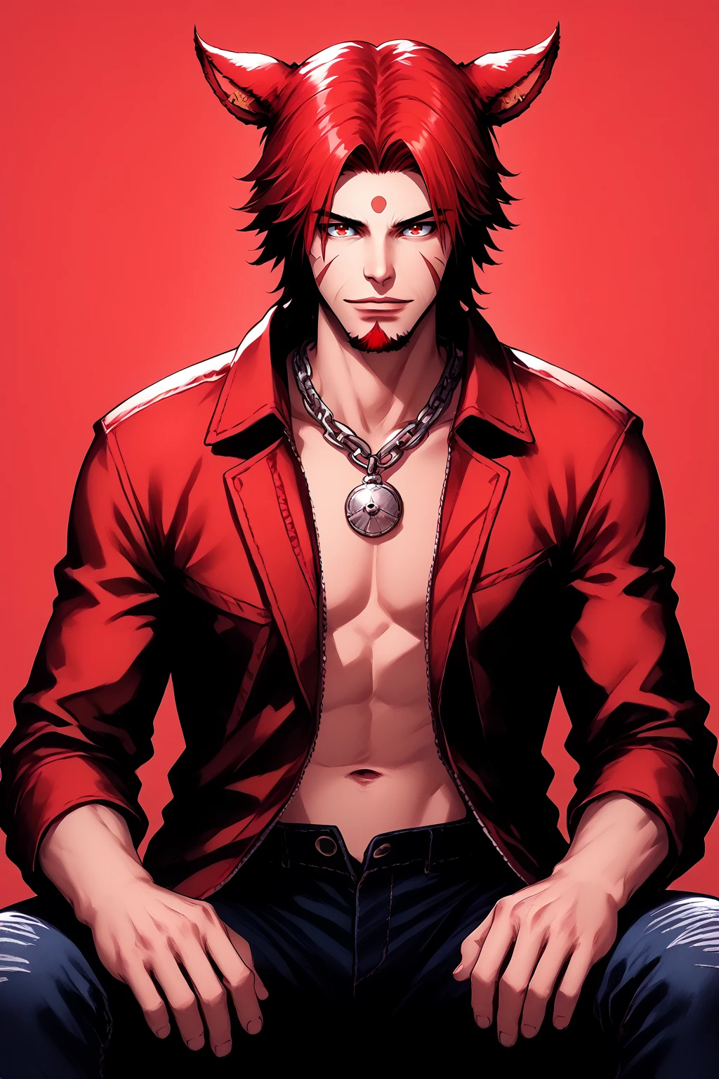 PonyXLV6_Scores, red theme, solo, looking at viewer, red eyes, 1boy, navel, animal ears, jewelry, sitting, jacket, male focus, red hair, open clothes, pants, cat ears, necklace, facial hair, chain, facial mark, denim, beard, jeans, miqo'te, cat boy, neon lighting, side lighting, duochrome, duotone , <lora:ReshadePDXL:1>