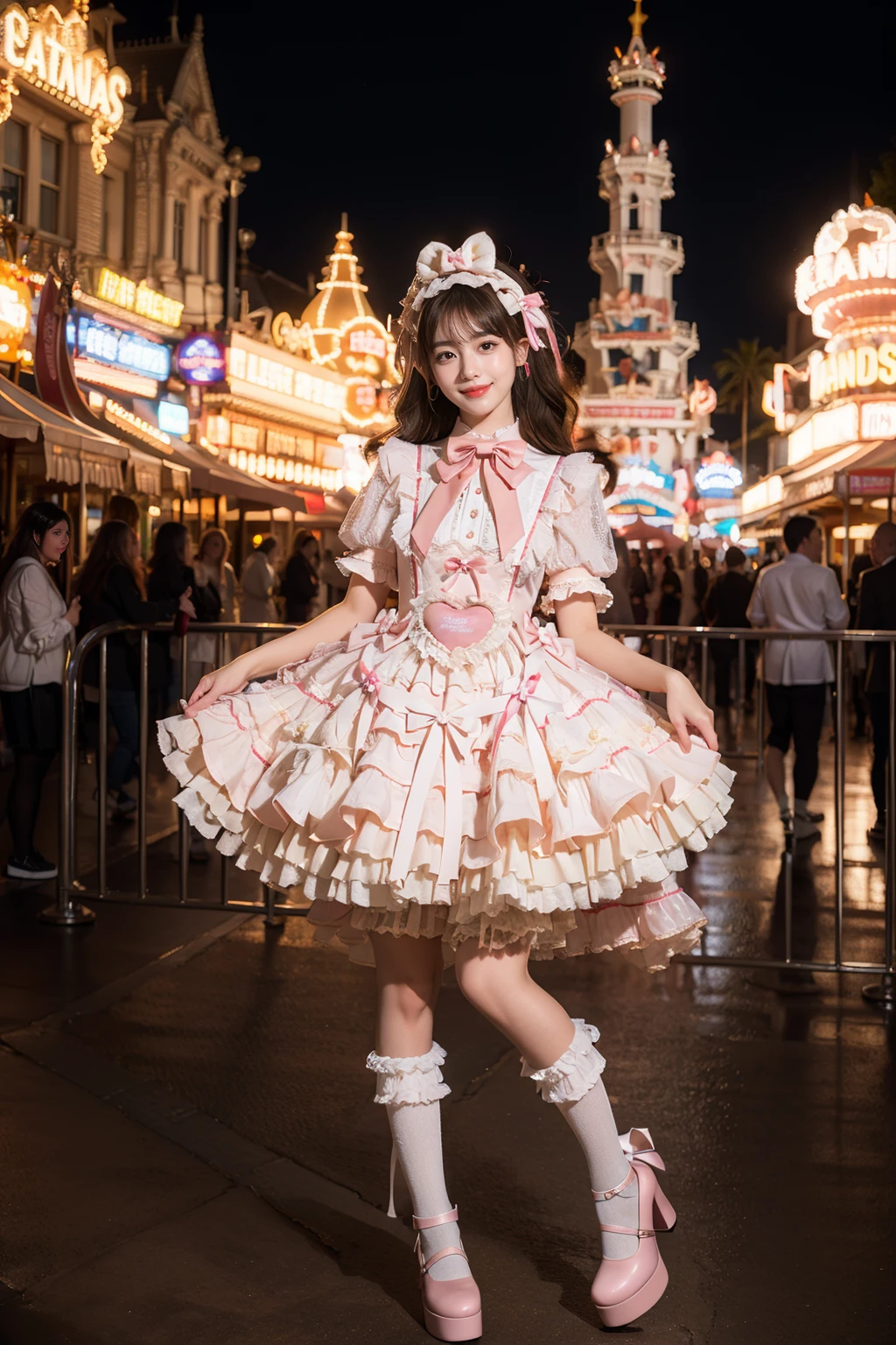 best quality, masterpiece, realistic, photorealistic, 1girl, solo, smile, black hair, long hair, standing, full body, cyb dress, dress, pink dress, layered dress, frilled dress, short sleeves, bloomers, white bloomers, ribbon, bowtie, frills, bow, dress bow, heart symbol, hair bow, hair ornament, frilled socks, platform heels, night, light, neon light, amusement park, people, detailed background, <lora:sweet_attire_style5_v1:0.7>, <lora:Background Detail Enhanced_Si_v3.0:1.5>