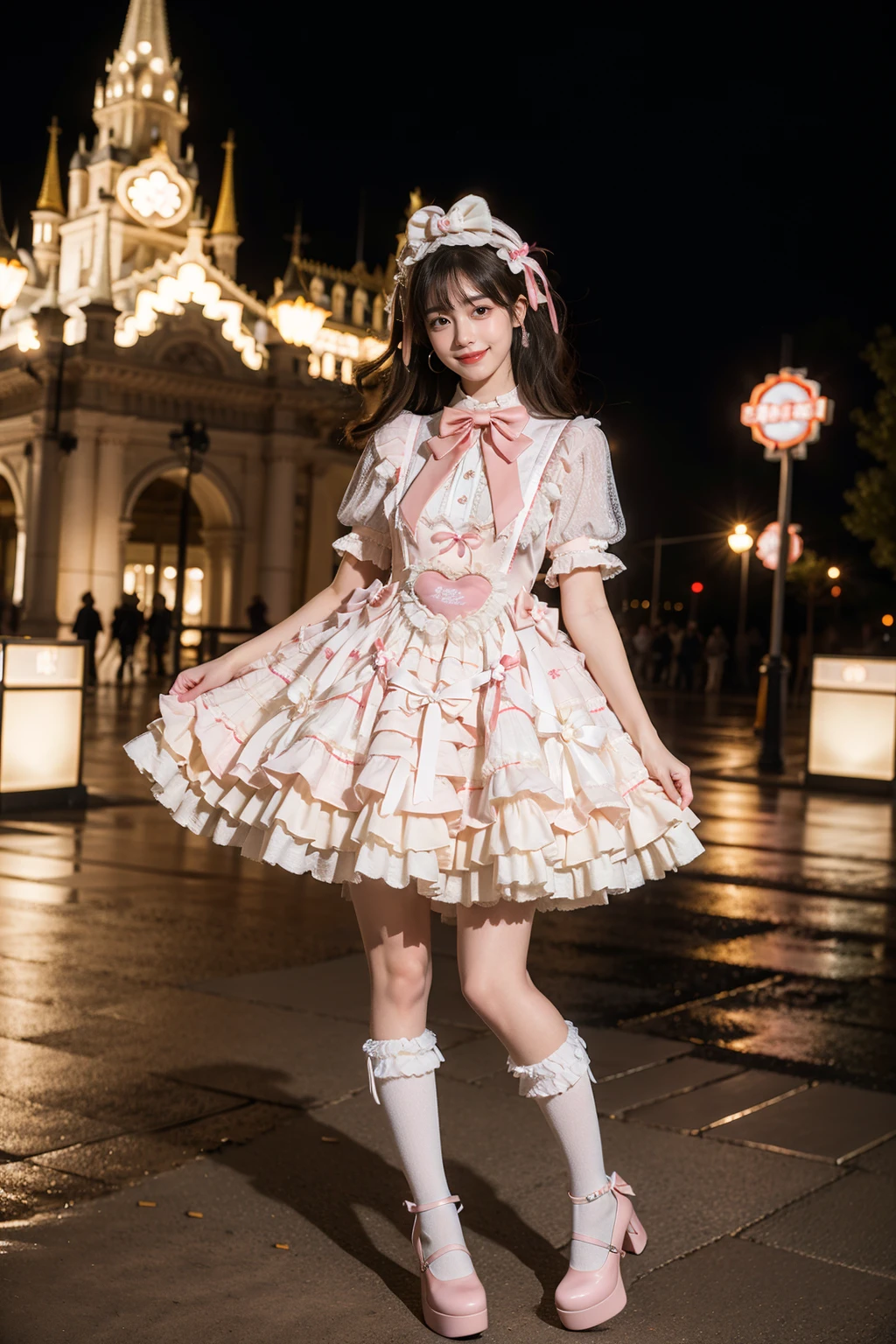 best quality, masterpiece, realistic, photorealistic, 1girl, solo, smile, black hair, long hair, standing, full body, cyb dress, dress, pink dress, layered dress, frilled dress, short sleeves, ribbon, bowtie, frills, bow, dress bow, heart symbol, hair bow, hair ornament, frilled socks, platform heels, amusement park, people, detailed background, <lora:sweet_attire_style5_v1:0.7>