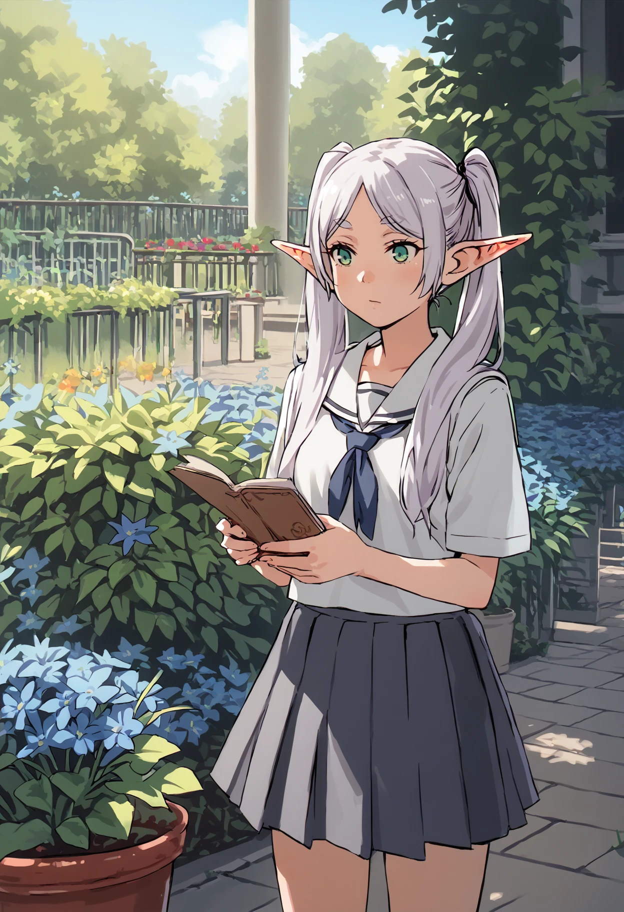 score_9, score_8_up, source_anime,
asanagi, <lora:sdxl_asanagi_v1:0.4>, <lora:Smooth Anime Style LoRA XL:0.6>, <lora:SuimitsutouKoubou-1024-Prodigy-32:0.35>, <lora:muk_pony_v1:0.25>, by muk \(monsieur\)
BREAK,
1girl,<lora:Frieren_PDXL_resized:0.9>, frieren, elf,
school uniform, blue flowers,
garden