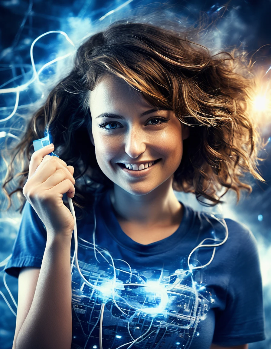 <lora:Milana Vayntrub -000007:1.0>, mlnvyntrbsqgrl woman,  communication wires, ethernet cables, space fragmentation, messy hair, laughing, fire, wearing a blue AT&T shirt,  glowing hand, surreal, upper body, dynamic pose, Travel through time and space,Blue and white theme, ultra highres, sharpness texture, High detail RAW Photo, detailed face,