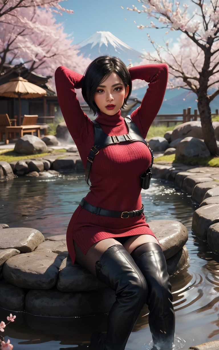 (masterpiece, best quality:1.4), insaneres, absurdres, solo, looking at viewer,BREAK 
GAME_ResidentEvil4Remake_AdaWong_ownwaifu,
1girl, asian, black hair, short hair, brown eyes, lips, bangs, large breasts, red lips, makeup, lipstick,
sweater, dress, gloves, holster, shoulder holster, black gloves, turtleneck, turtleneck sweater, sweater dress, ribbed sweater, long sleeves, harness,
belt, thighhighs, pantyhose, thigh boots, black thighhighs, red sweater, red dress, 
(sitting, soaking feet, arms behind head), onsen, mount fuji, cherry blossoms, outdoors,<lora:GAME_ResidentEvil4Remake_AdaWong_ownwaifu:0.65>, depth of field