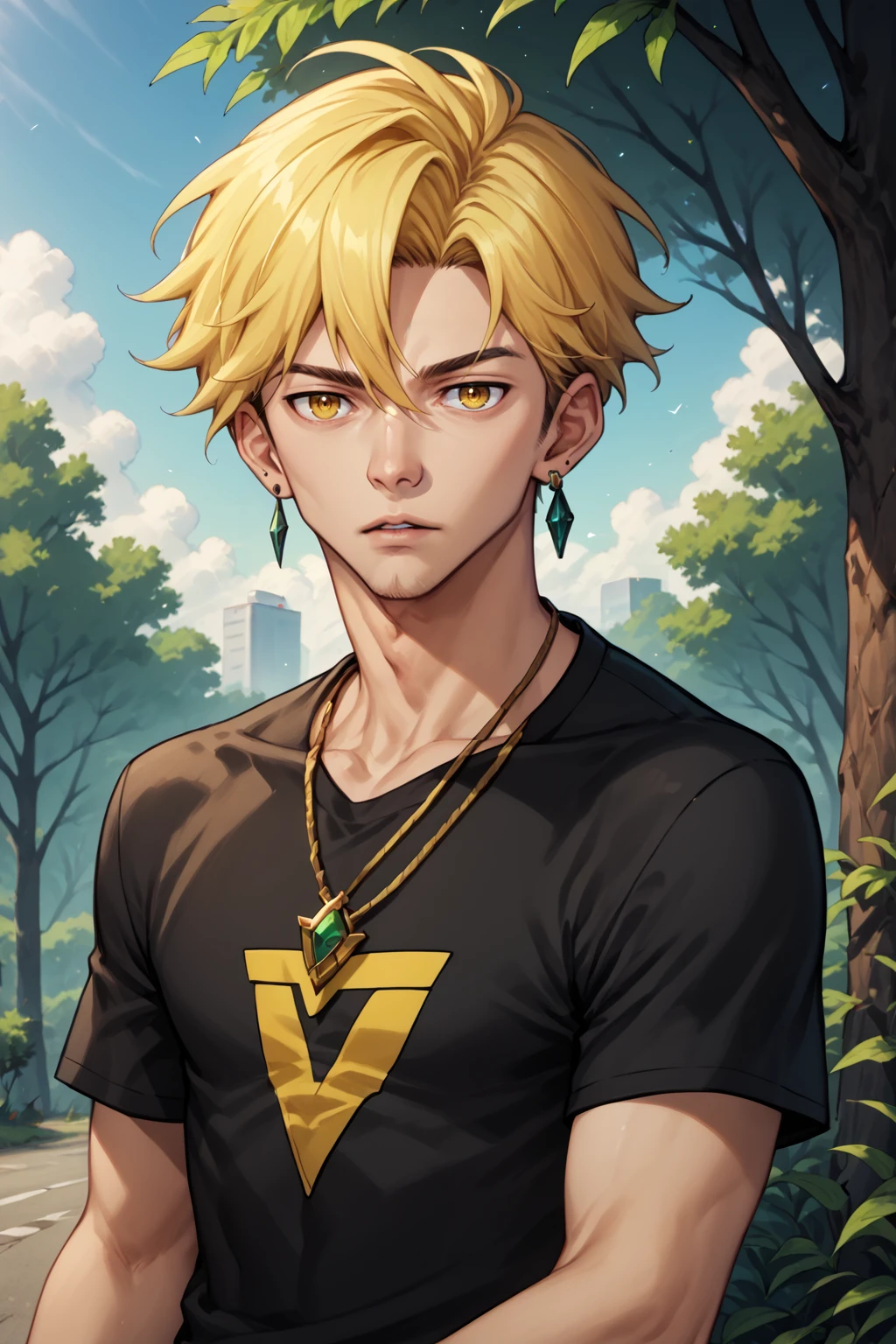 PonyXLV6_Scores , AgendaMix Style, 1boy, black shirt, blonde hair, collarbone, day, earrings, jewelry, looking at viewer, male focus, nature, necklace, outdoors, parted lips, shirt, short hair, short sleeves, sky, solo, t-shirt, tree, upper body, yellow eyes, <lora:AgendamixPonyXL:1>