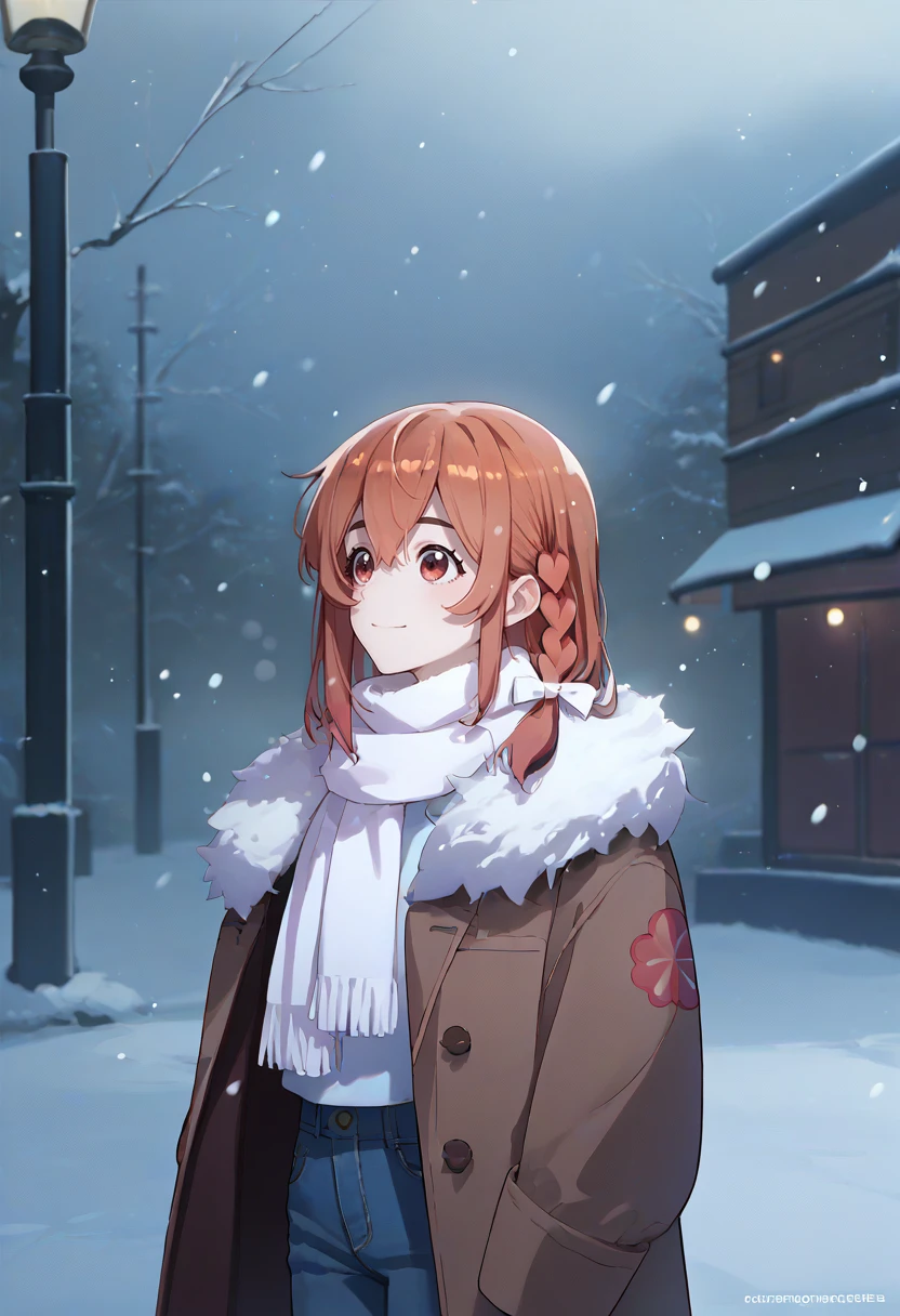 score_9, score_8_up, score_7_up, source_anime, solo, 1girl, sakurasawa sumi, slight smile, looking up, standing, side braid, hair bow, white bow, fur trim, brown coat, fur-trimmed coat, long sleeves, jeans, scarf, snowing, outdoors <lora:rentagirlfriend_sakurasawa_ponyXL:1>