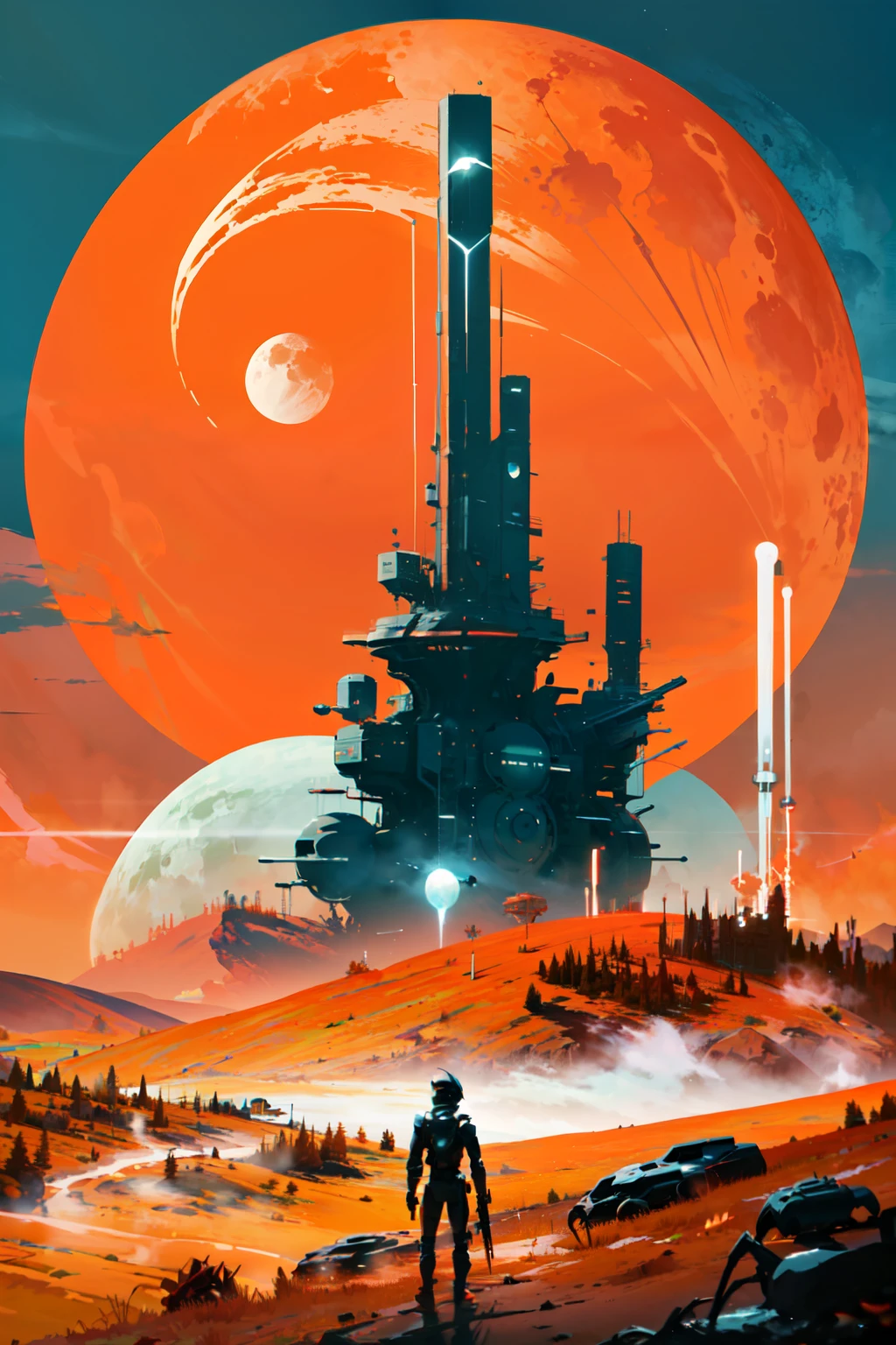 ((masterpiece,best quality)), absurdres, <lora:Scifi_Environment_Concept_Art:0.8>, minimalist, game asset, cinematic, movie poster, warm colors, orange theme, standing, weapon, outdoors, tree, moon, robot, scenery, sun, ambiguous gender, fog