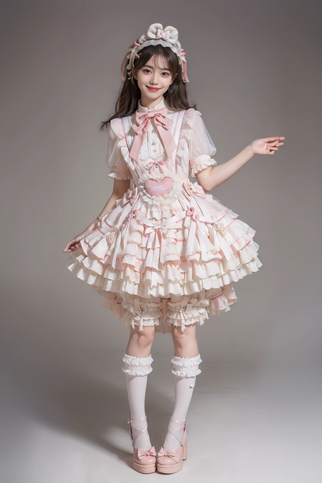 best quality, masterpiece, realistic, photorealistic, 1girl, solo, smile, black hair, long hair, standing, full body, cyb dress, dress, pink dress, layered dress, frilled dress, short sleeves, bloomers, white bloomers, ribbon, bowtie, frills, bow, dress bow, heart symbol, hair bow, hair ornament, frilled socks, platform heels, pink background, <lora:sweet_attire_style5_v1:0.7>