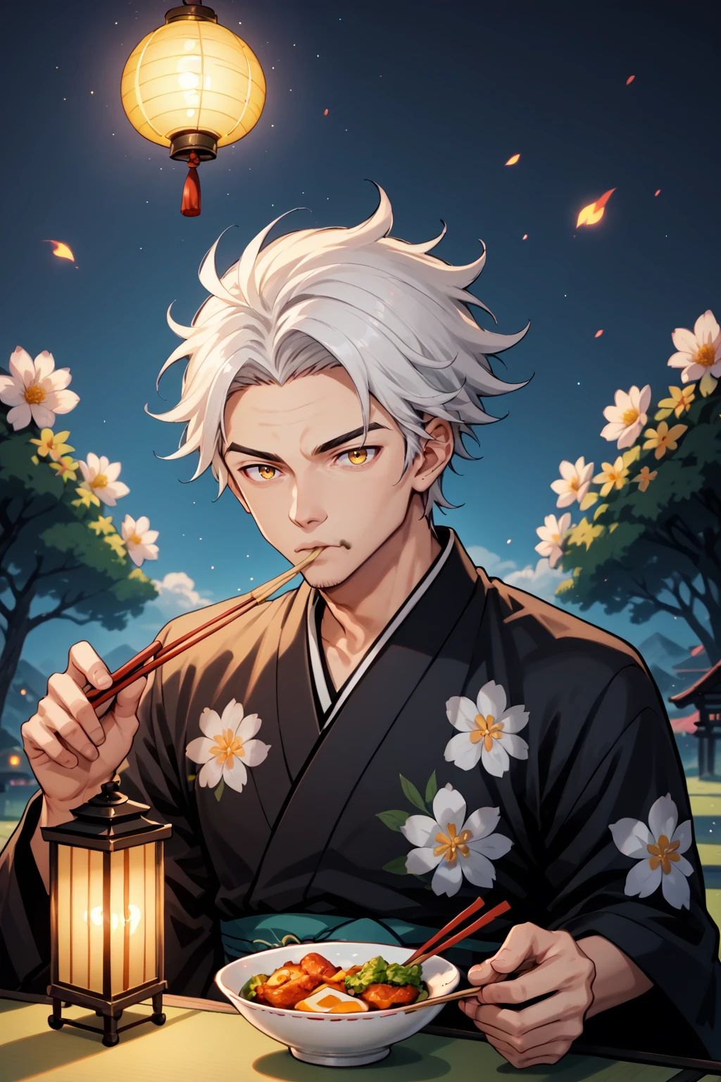 PonyXLV6_Scores , AgendaMix Style, 1boy, black kimono, brown eyes, chopsticks, eating, floral print, food, holding, japanese clothes, kimono, lantern, looking at viewer, male focus, night, night sky, sky, solo, white hair, yellow eyes, <lora:AgendamixPonyXL:1>