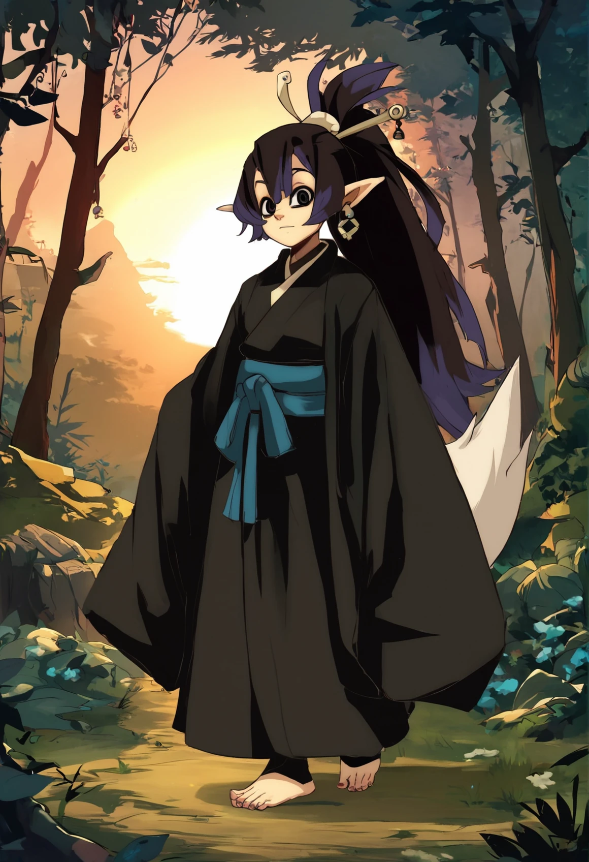 (score_9, score_8_up), score_7_up, zPDXL, FoxDemon, 1girl, black hair, two-tone hair, ponytail, pointy ears, black eyes, earring, adult, older, black kimono, sleeves past fingers, fox tail, white tail, smug, forest, sunset, full body, barefoot, black legwear, expressionless, <lora:Fox_Demon_Girl_XL_Pony_SingleShot:1> <lora:Wakfu (Autism XL):1> wakfu