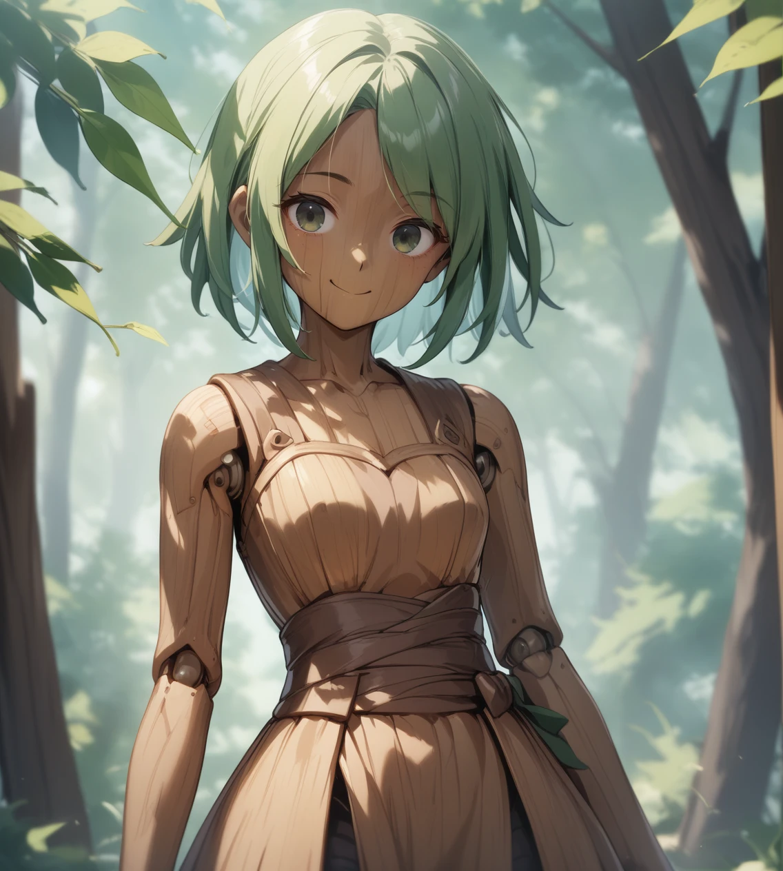 score_9,score_8_up,score_7_up,score_6_up,source anime BREAK,
1girl, solo, wooden skin, wood, joints, portrait, leaves, branch, medium hair, green hair, wooden clothes, looking at viewer, smile, screw, colored skin, 
 <lora:wooden_10_blocks_comp:1>