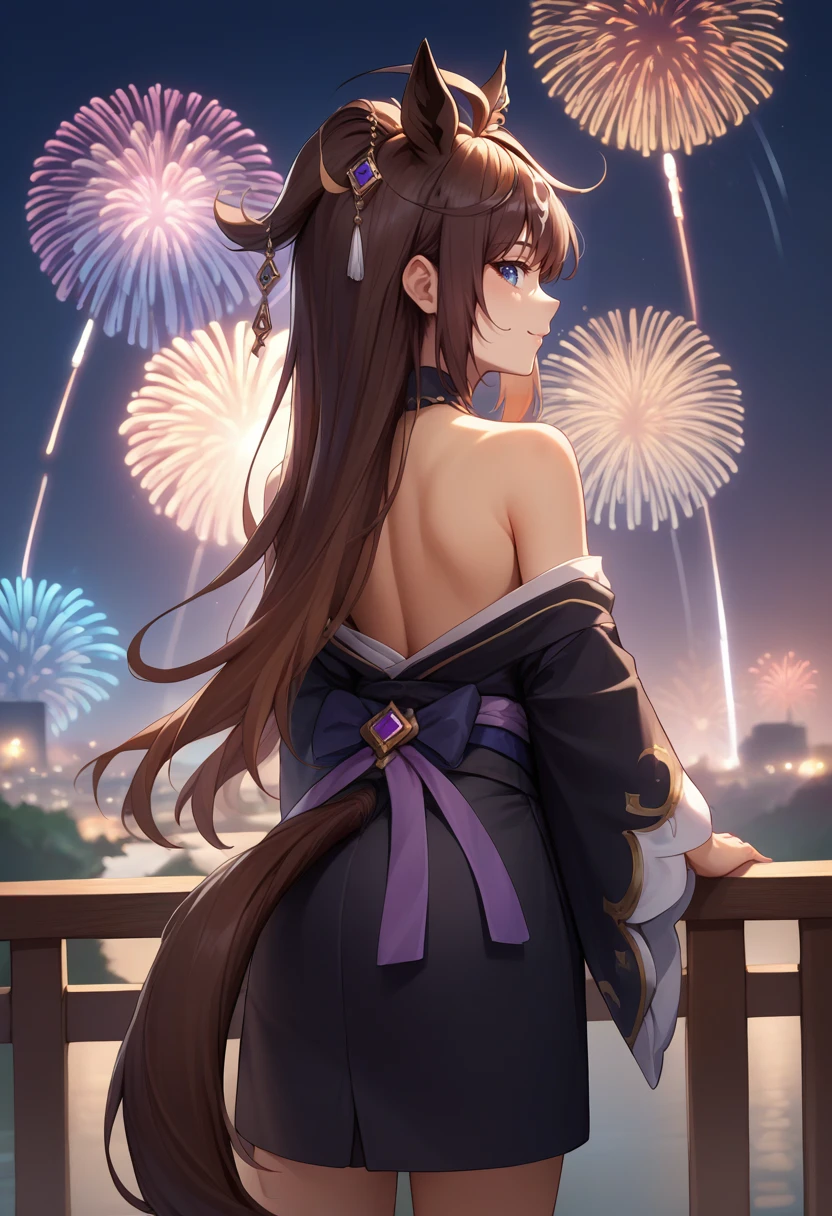 score_9, score_8_up, score_7_up, source_anime, from behind, solo, 1girl, duramente, slight smile, looking back, ahoge, animal ears, ear ornament, black kimono, off shoulder, purple sash, horse tail, bare shoulders, fireworks <lora:umamusume_duramente_ponyXL:1>