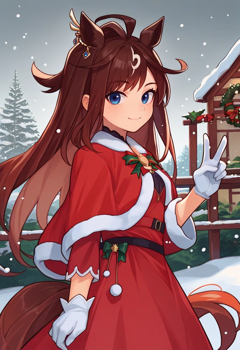 score_9, score_8_up, score_7_up, source_anime, solo, 1girl, duramente, slight smile, looking at viewer, v, ahoge, animal ears, ear ornament, christmas, red capelet, red dress, fur-trimmed dress, long sleeves, white gloves, horse tail, snowing, outdoors <lora:umamusume_duramente_ponyXL:1>