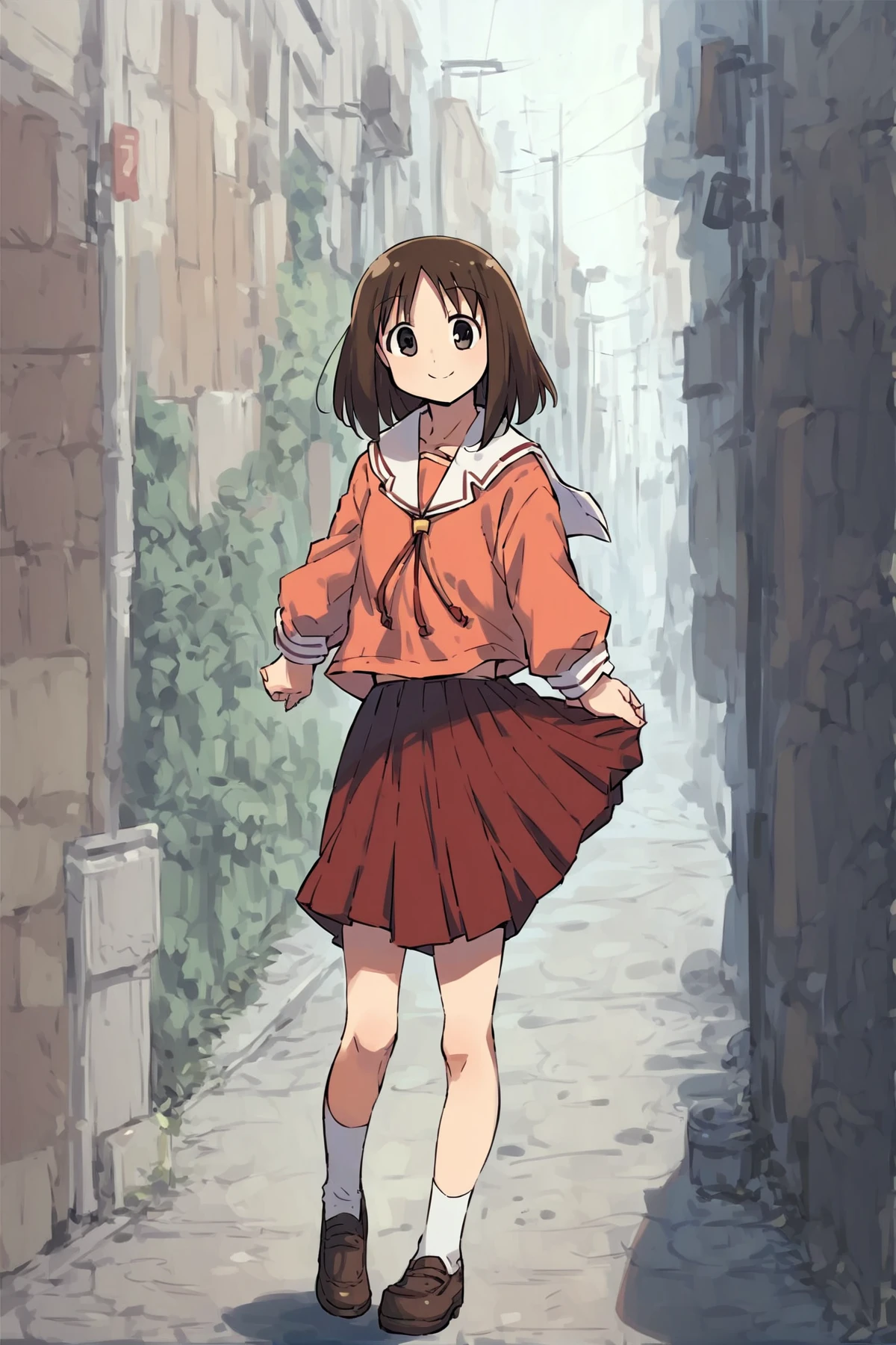 <lora:ALTXL_pony_0061_8:3>, (anime, 1 girl, solo), (score_9, score_8_up, score_7_up, score_6_up, score_5_up, 2.5d), (kasuga ayumu, brown hair, smile, serafuku, street, wind lift), (full body), <lora:Smooth Anime 2 Style SDXL_LoRA_Pony Diffusion V6 XL:0.2>, <lora:Kasuga_Ayumu__Osaka_Azumanga_Daioh:1>