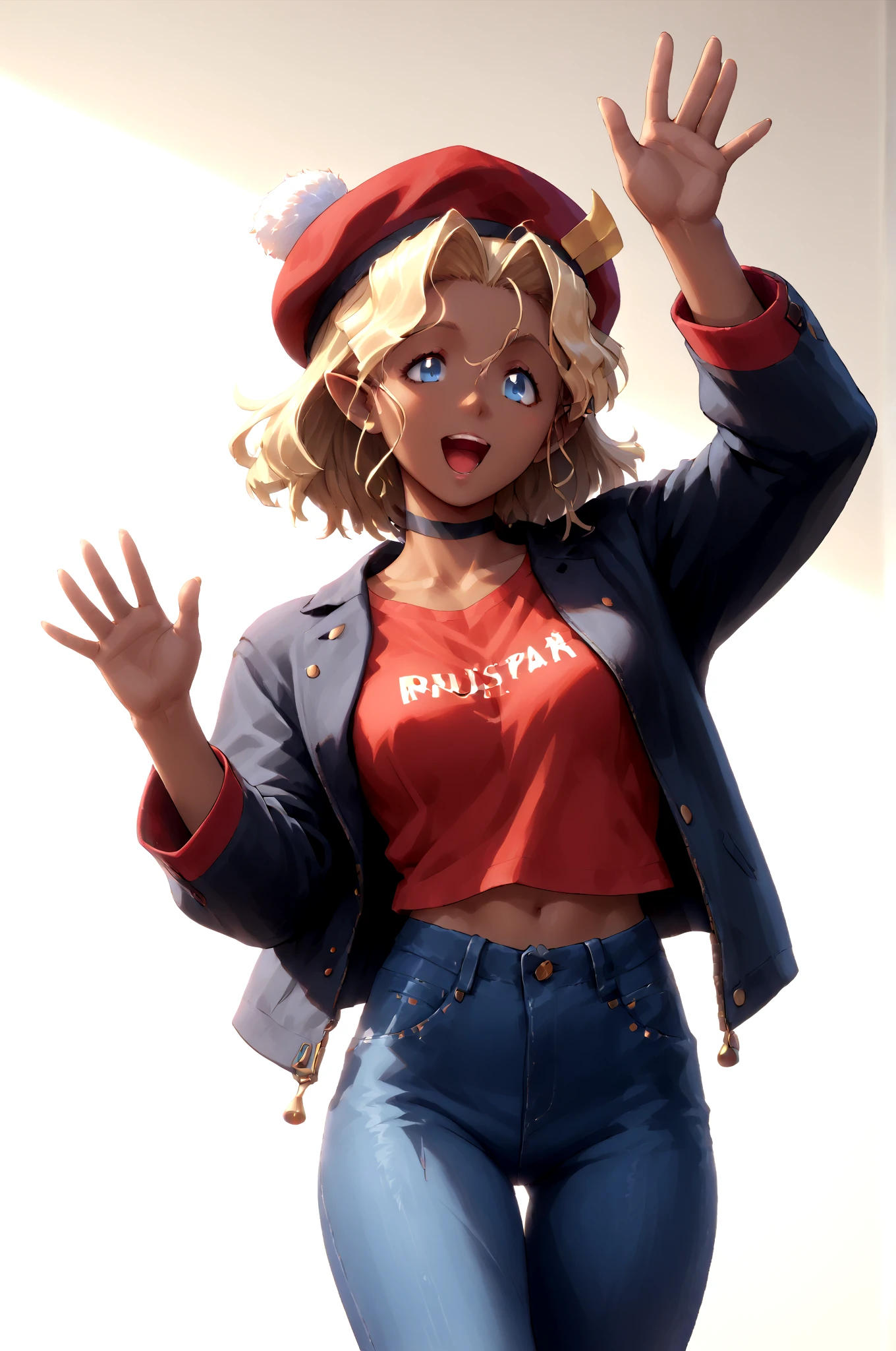 score_9,score_8_up,score_7_up, kuramitsu_mihoshi, solo, <lora:MihoshiNewdataV1NoBattleTrue-000007:0.99> red t-shirt, black_jacket, black cutoff_jeans, waving, open_mouth, cowboy_shot,  dark_skin,  beret, long_hair, , (high quality, detailed, beautiful),