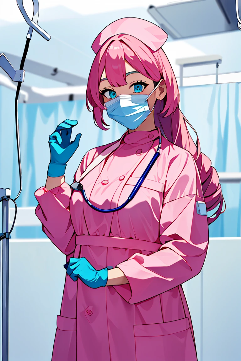 (RAW photo, best quality), (1girl), operating room, overhead surgical light,blurred background, focused,
<lora:Momoka Hanamura_CSC_V1.0:0.8> momoka hanamura, long hair, tsurime,pink hair, aqua eyes,
 <lora:Surgeon_Gloving_V1.0:0.7> (gloving_surgeon, solo, surgical mask, adjusting gloves, looking at viewer, long sleeves)
 <lora:Long nurse uniform (mg):0.9> longnurset2, gloves, mask, nurse cap, nurse, surgical mask, long sleeves, stethoscope,