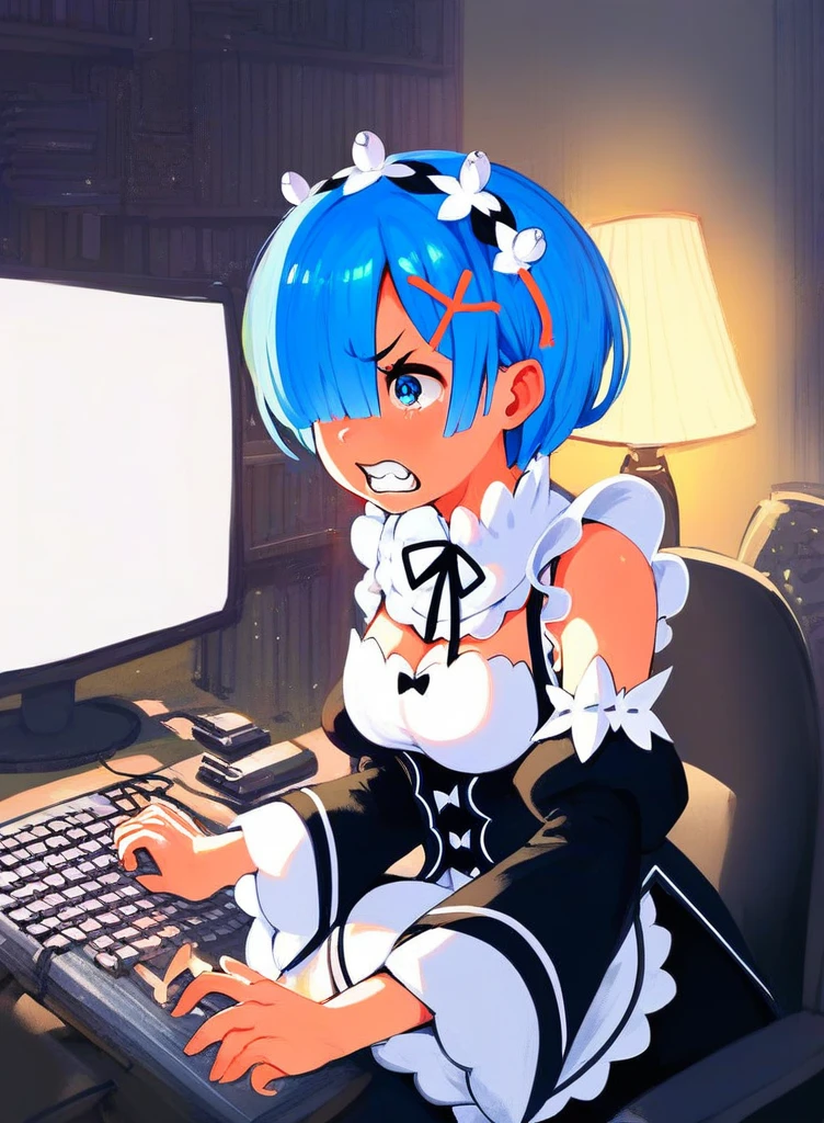 <lora:inori-meme-pony_last:2>,score_9_up,score_8_up,score_7_up,1girl,rem \(re:zero\), kara hajimeru isekai seikatsu,maid,bare shoulders,