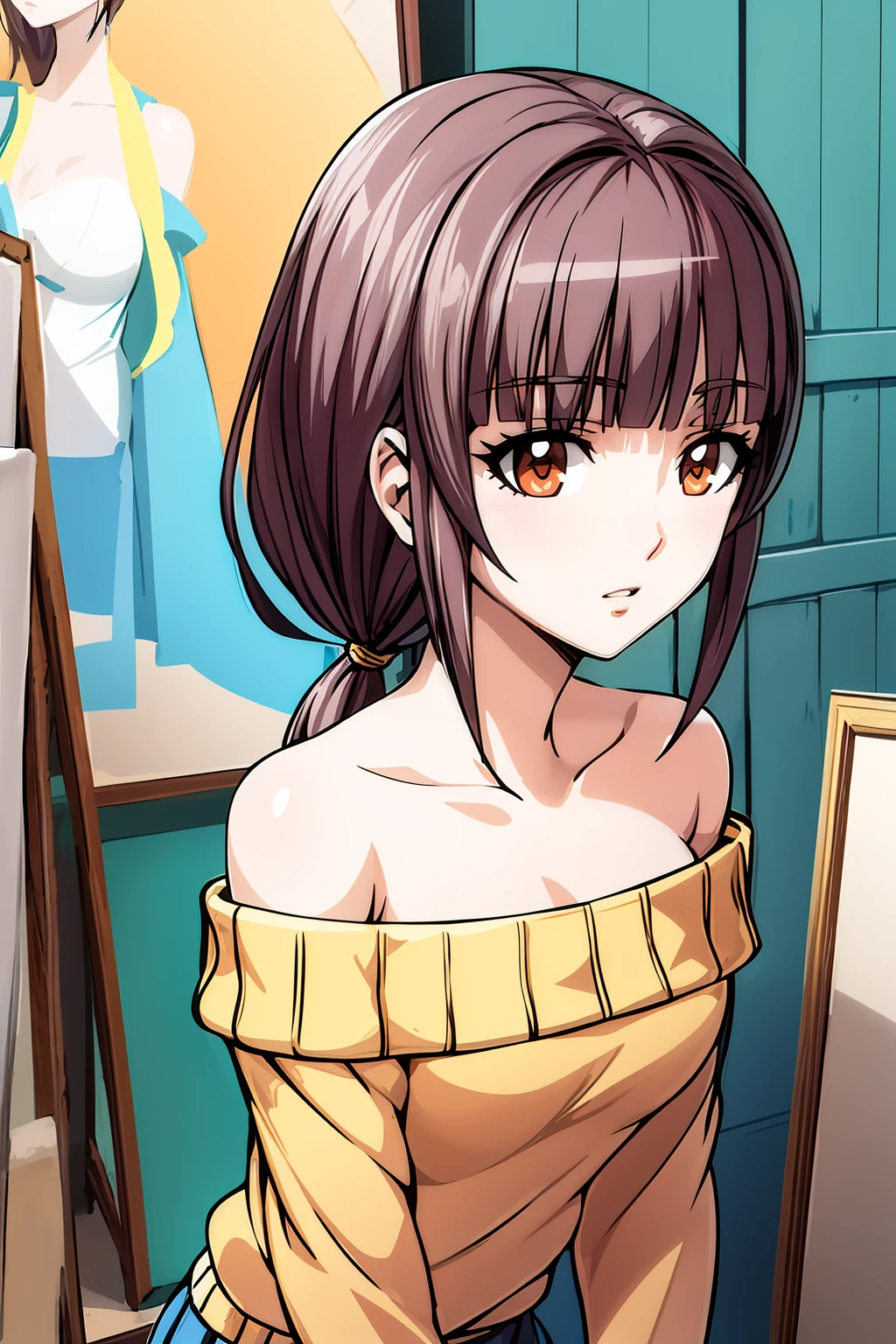 masterpiece, high quality, mature female, 1girl, solo, ikunoemiru, medium hair, low ponytail, medium breasts, <lora:Emiru_Ikuno:0.7>, portrait, skirt, bare shoulders, off shoulder, sweater, orange shirt, off-shoulder sweater, collarbone, <lora:Detail (Tweaker):0.5>, painting \(action\), painting \(object\)