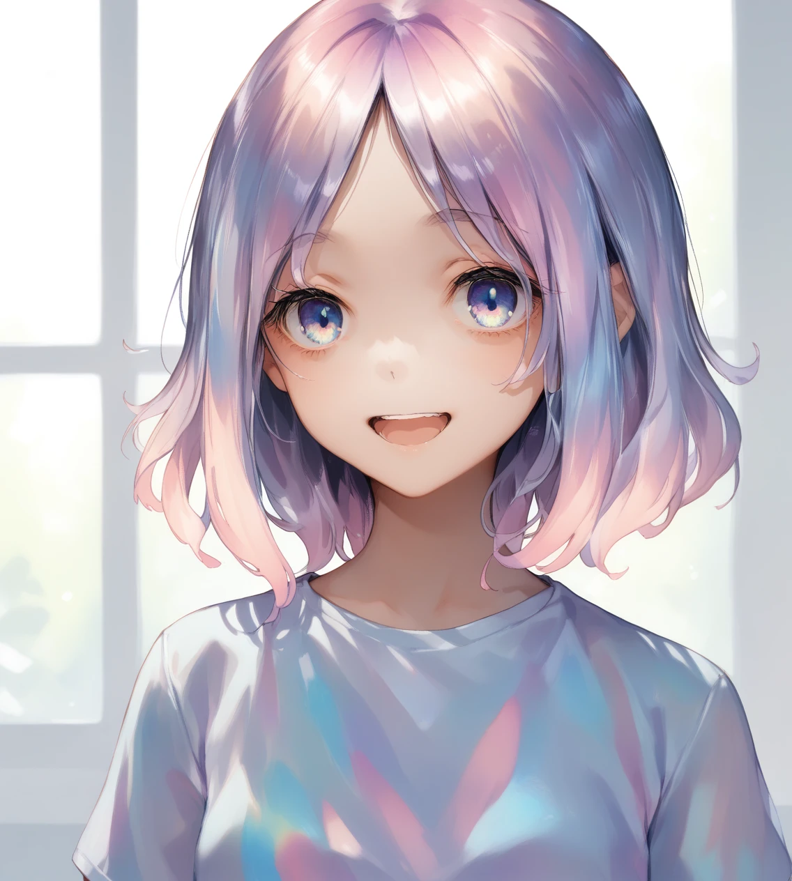 score_9,score_8_up,score_7_up,score_6_up,source anime BREAK,1girl,solo,portrait,medium hair,iridescent hair,blue eyes,indoors,bedroom,small breasts,iridescent,white shirt,gradient hair, :o, suprised, open mouth, (smile:0.6), looking at viewer, 
 <lora:iridescent_blocks:0.9>