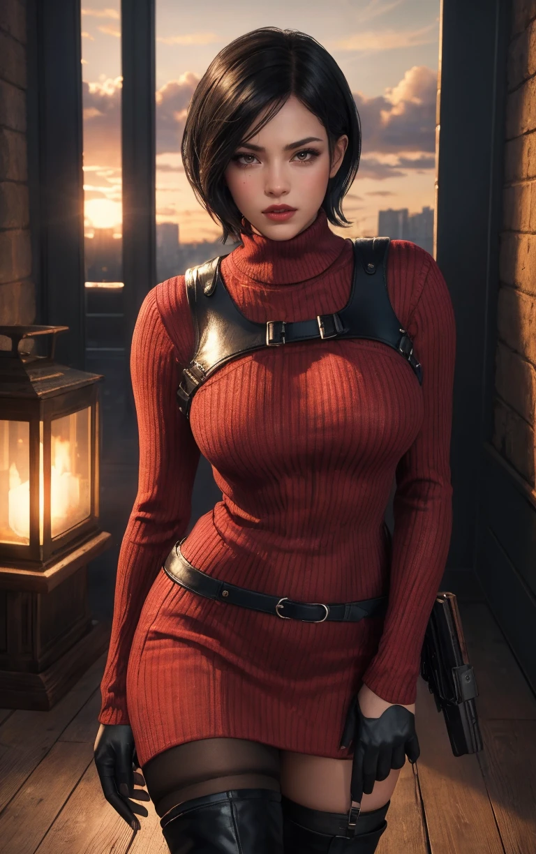 GAME_ResidentEvil4Remake_AdaWong_ownwaifu,
1girl, asian, black hair, short hair, brown eyes, lips, bangs, large breasts, red lips, makeup, lipstick,
sweater, dress, gloves, holster, shoulder holster, black gloves, turtleneck, turtleneck sweater, sweater dress, ribbed sweater, long sleeves, harness,
belt, thighhighs, pantyhose, thigh boots, black thighhighs, red sweater, red dress, 
<lora:GAME_ResidentEvil4Remake_AdaWong_ownwaifu:0.7> ,
((masterpiece)),((best quality)),(highres, absurdres), original, official_art, chromatic_aberration, light_particles, bokeh, depth_of_field, field, sky, cloud, sunset, outdoors, day, looking at viewer, solo, cowboy shot,