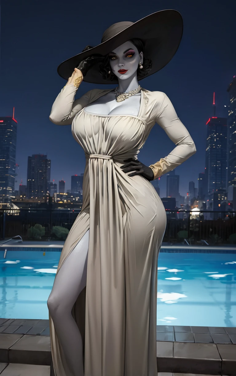 (masterpiece, best quality:1.4), insaneres, absurdres, solo, looking at viewer,BREAK 
GAME_REvilVill_LadyDimitrescu_whitedress_ownwaifu,
1girl, pale skin, (grey skin), colored skin, pearl necklace, black hair, short hair, yellow eyes, colored sclera, mature female, large breasts, huge breasts, tall female, giant, giantess, lips, collarbone, jewelry, necklace, earrings, lipstick, makeup, breasts, red lips, 
cleavage,  white dress, hat, sun hat, black rose, black gloves, gloves,  black headwear, long dress, long sleeves,
(contrapposto, arms behind head), neon_lights, cityscape, night, pool, full moon, outdoors, <lora:GAME_REvilVill_LadyDimitrescu_whitedress_ownwaifu:0.9> , depth of field