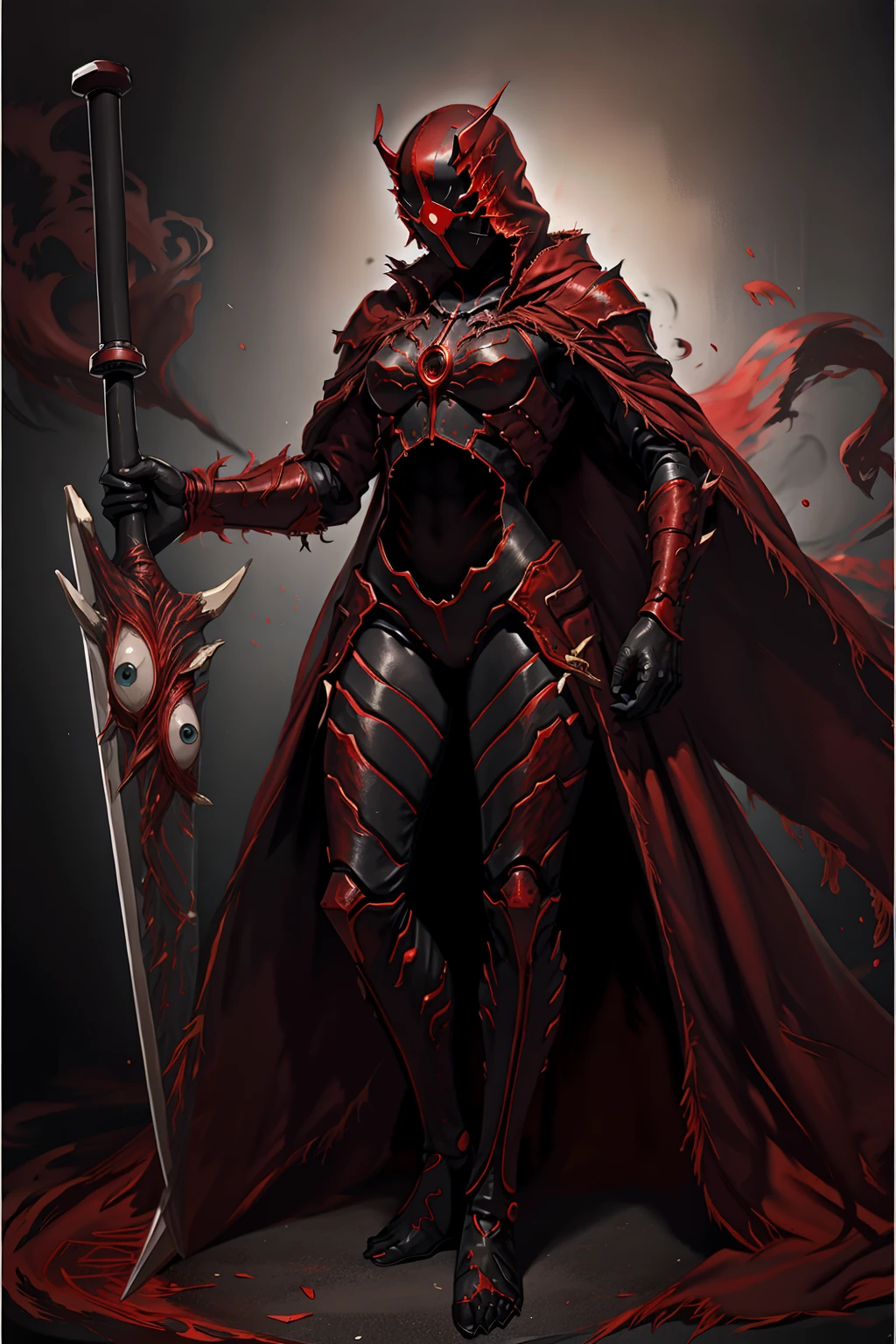 best detailed, masterpiece, best quality, <lora:RedMistGebura-000004:0.9>black armor,red glowing texture, cloak, red cape, solo, torn clothes,holding Mimicry's sword,