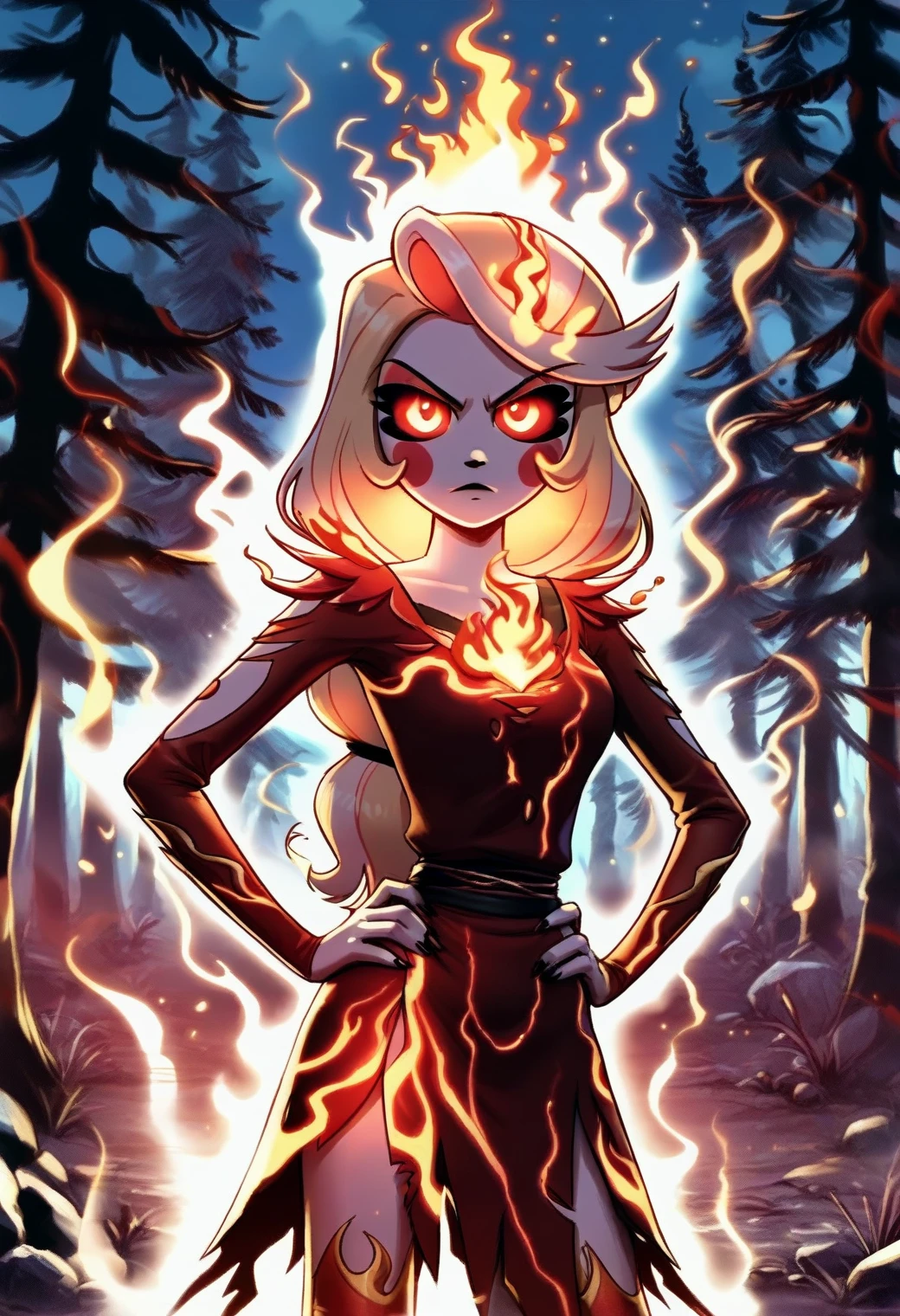 firegirl, <lora:firegirl_ponyxl_v1:0.8>, <lora:hazbin_hotel_ponyxl_v2-000025:1>, charlie, standing, burning hair, looking at viewer, hands on own hips, serious, solo, (fire aura), dark forest, dark, night, backlighting, burning clothes,
BREAK
score_9, score_8_up, masterpiece, best quality