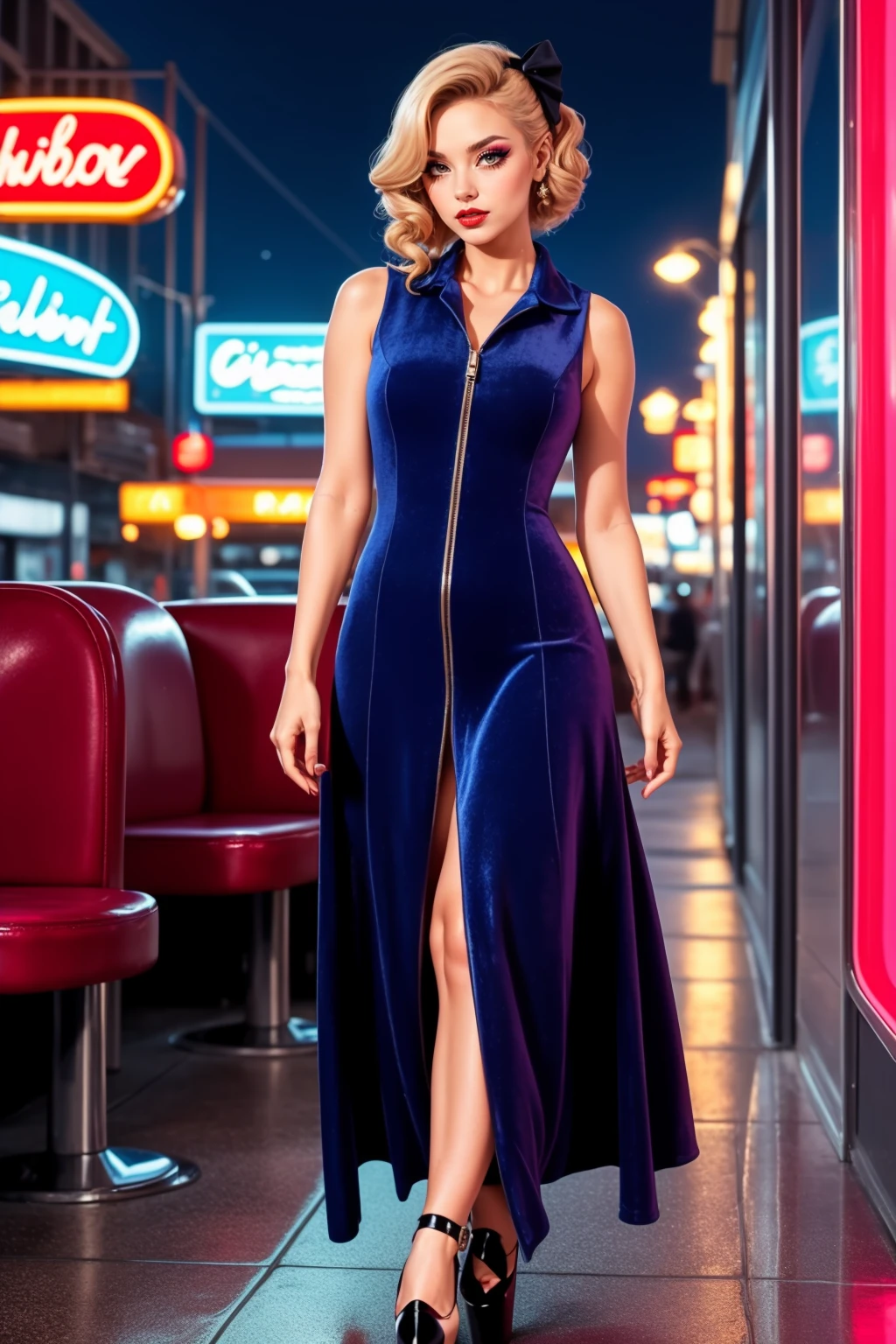 beautiful adult Western:1.2 woman, solo, wearing black:1.2 dress, long dress, (platform heels), sneakers, zipper, standing, eyeliner, eyeshadow, makeup, glitter lips, <lora:DSD-42:0.75> sleeveless, walking, Retro Diner, Neon Lights, Modern City Backdrop (strawberry blonde hair) sleek chignon, (velvet bow:1.2)