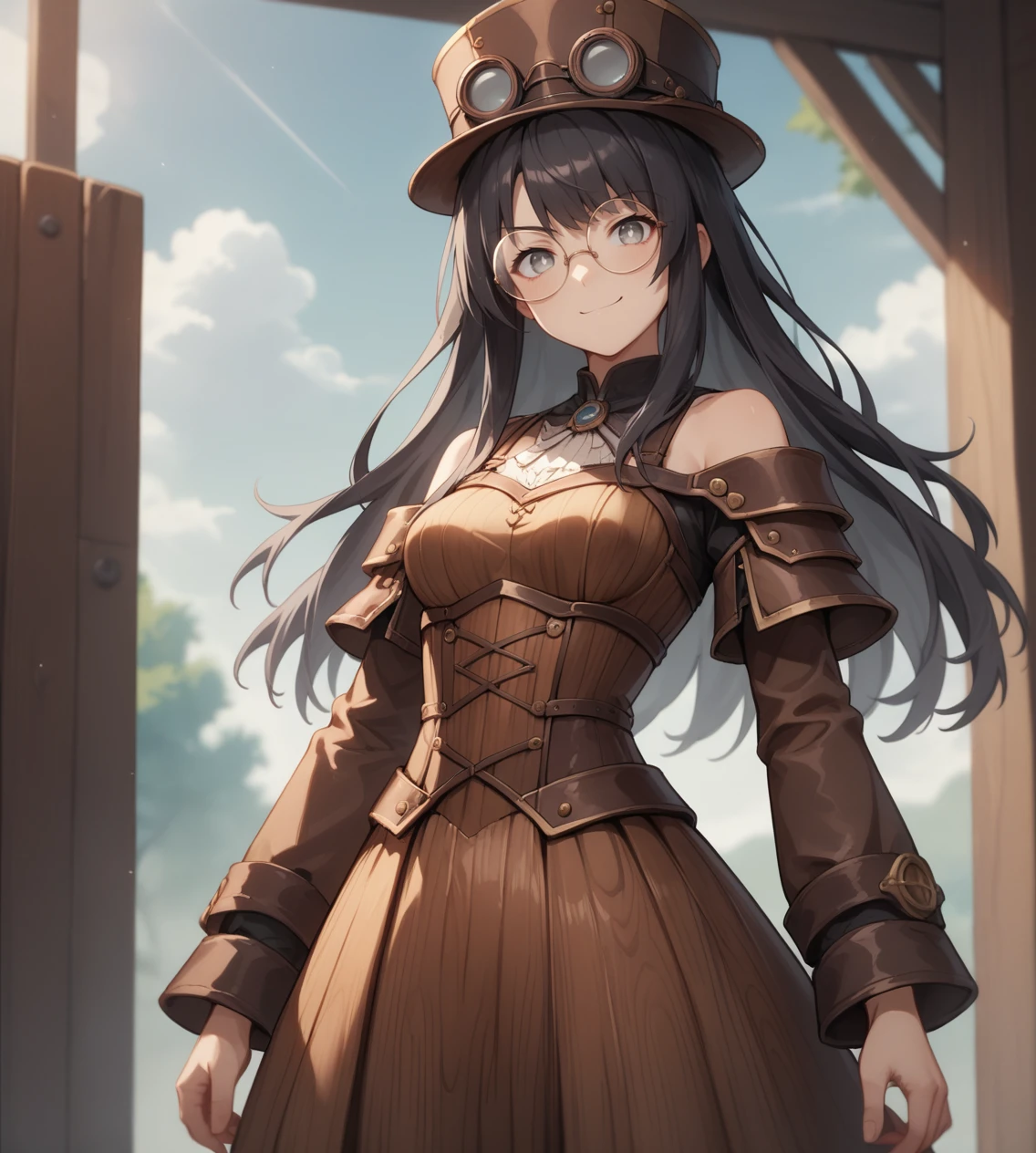 score_9, score_8_up, score_7_up, score_6_up, source anime, 1girl, solo, standing, off shoulder, armor, long sleeves, steampunk, hat, medium breasts, gradient hair, black hair, red tips, long hair, grey eyes, white pupils, smirk, portrait, bangs, closed mouth, round glasses, medium breasts, (wooden dress:1.2), (wooden clothes:1.1)
 <lora:wooden_10_blocks_comp:0.6>