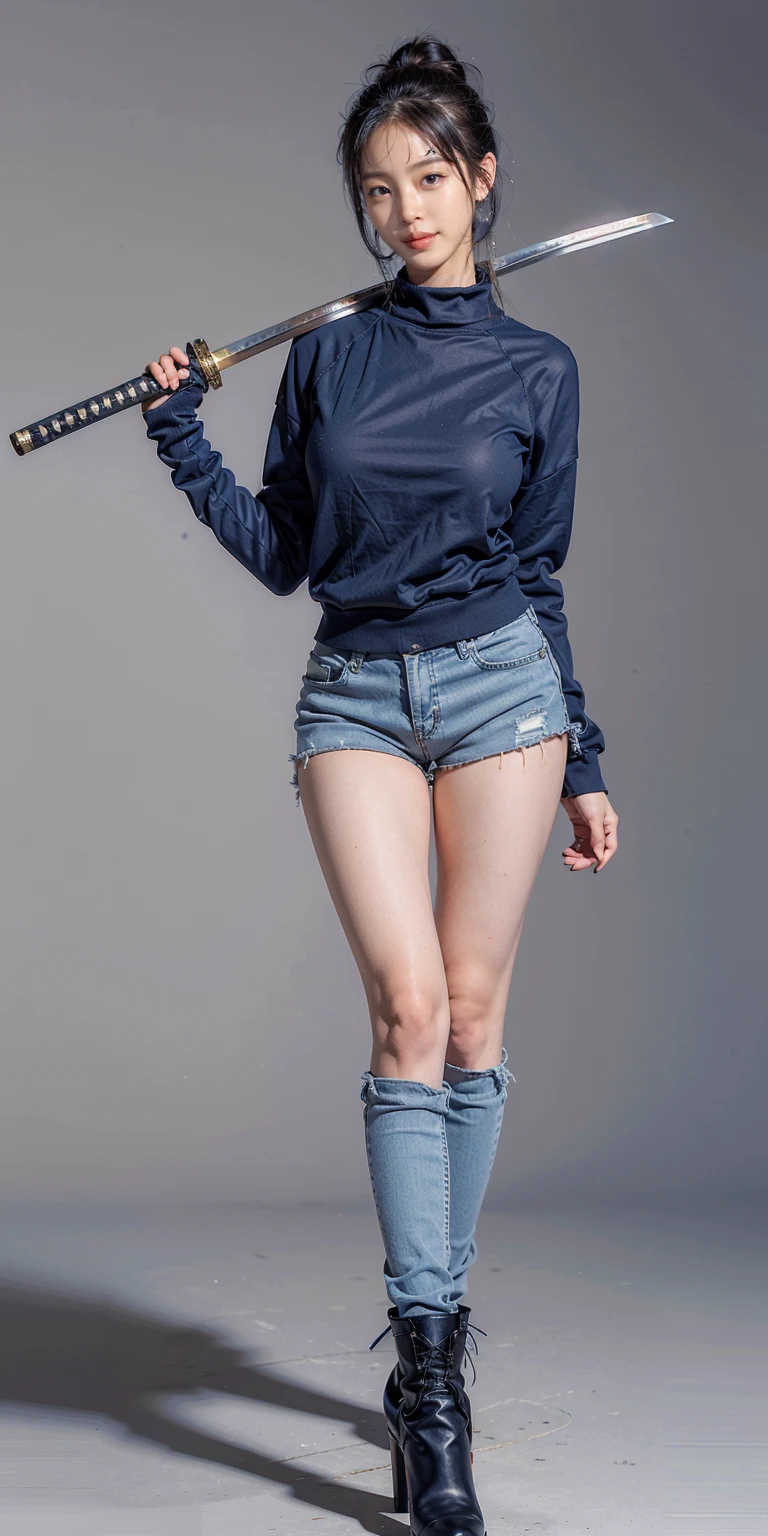 katana, holding katana, katana over shoulder, 1girl, solo, high-heeled boots,   Sweater, pantyhose, denim shorts,   full body, stand,  Navy Blue hair, Updo hairstyle, masterpiece, best quality,8k, simple background, 