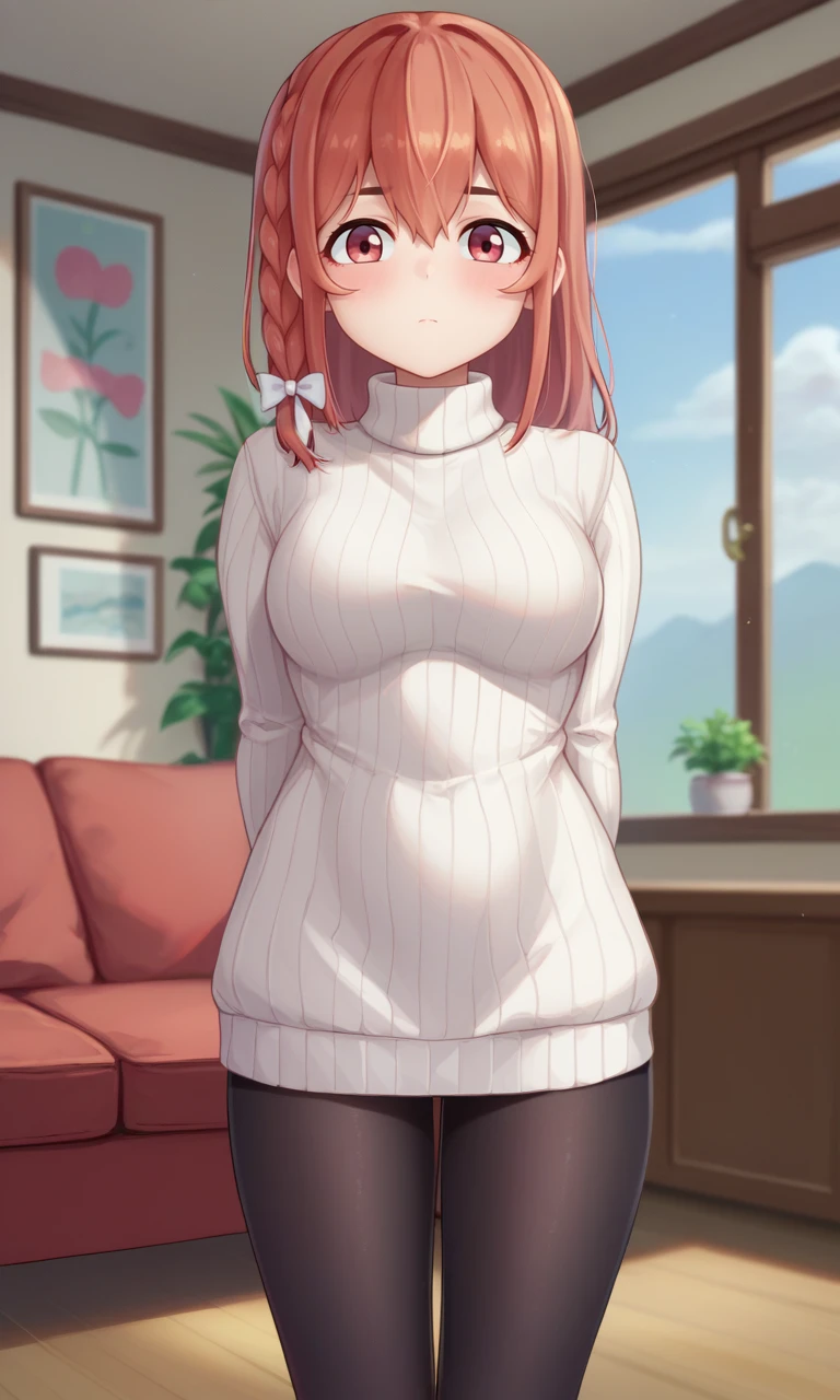 score_9, score_8_up, score_7_up, source_anime, solo, 1girl, sakurasawa sumi, blush, expressionless, looking at viewer, standing, arms behind back, side braid, hair bow, white bow, white sweater, sweater dress, turtleneck sweater, ribbed sweater, black pantyhose, indoors, living room <lora:rentagirlfriend_sakurasawa_ponyXL:1>