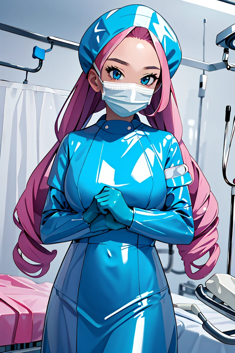 (RAW photo, best quality), (1girl), operating room, overhead surgical light,blurred background, focused,
<lora:Momoka Hanamura_CSC_V1.0:0.8> momoka hanamura, long hair, tsurime,pink hair, aqua eyes,
 <lora:Surgeon_Gloving_V1.0:0.7> (gloving_surgeon, solo, surgical mask, adjusting gloves, looking at viewer, long sleeves) <lora:Latex Nurse V2:0.8> (latex_nurse_surgical, mouth mask, latex, gloves, surgical mask, nurse cap, latex bodysuit),