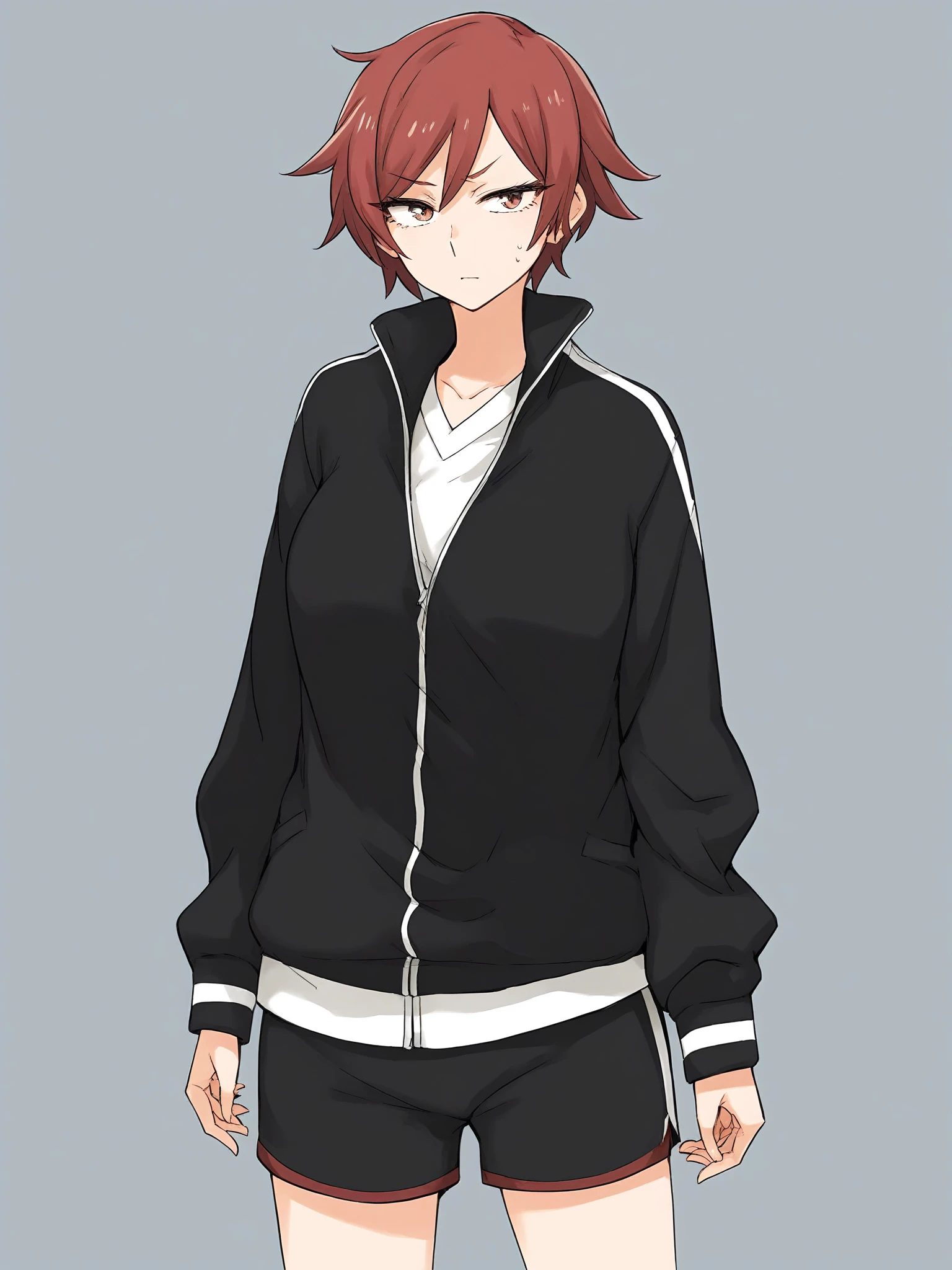 score_9, score_8_up, score_7_up, score_6_up, score_5_up, score_4_up,
BREAK
<lora:kindred-spirits-pony-000005:0.8> 
kd_vnstyle
1girl, solo,standing, school uniform, sportswear, black jacket,
tomboy red hair,  shorts,