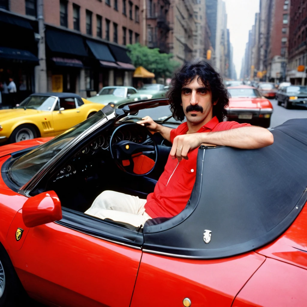 <lora:fz:0.7> frank zappa man driving a convertible ferrari in 80s manhattan