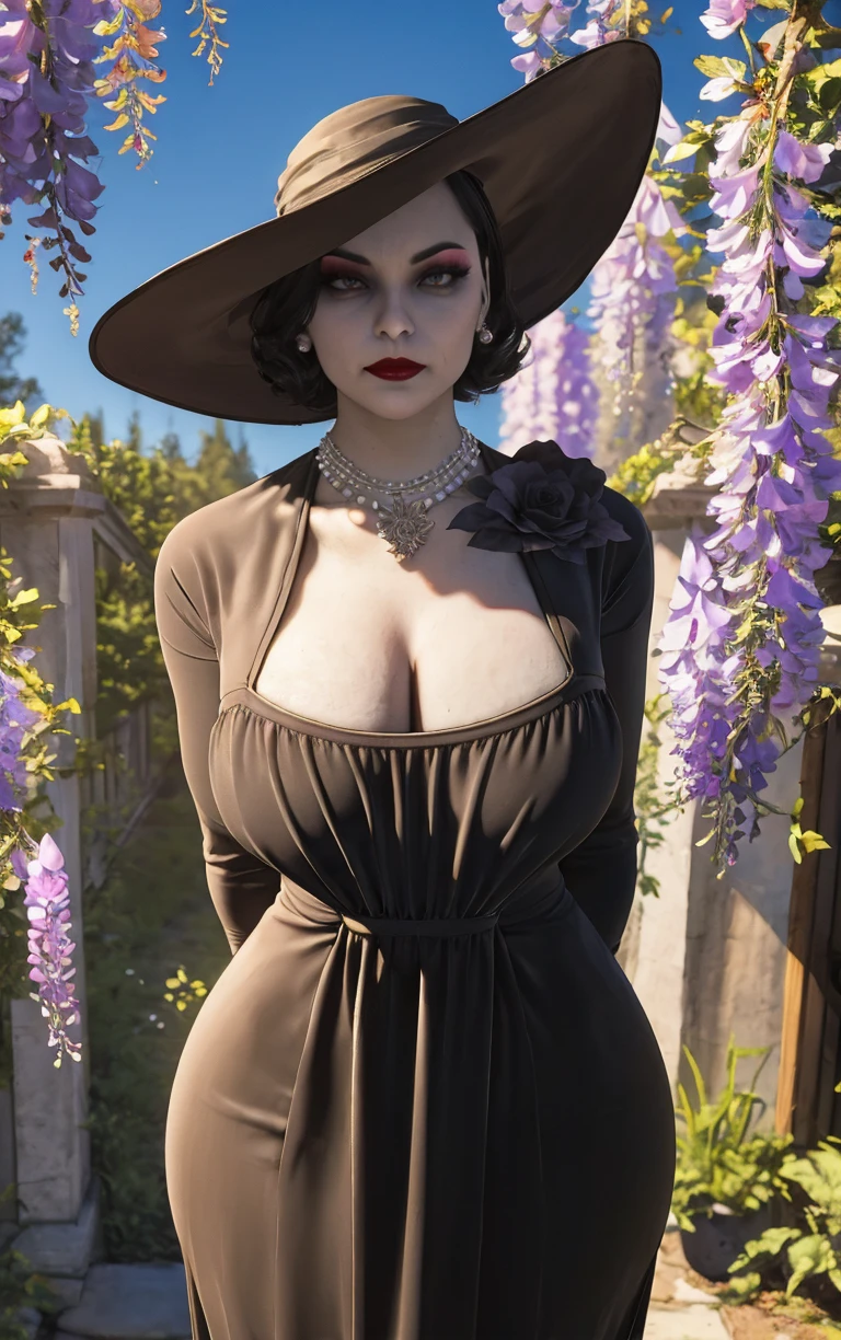 (masterpiece, best quality:1.4), insaneres, absurdres, solo, looking at viewer,BREAK 
LadyDimitrescu_BlackDress,
1girl, short hair, (pale skin, white skin),  red lips, large breasts, curvy, nose, veiny breasts, wide hips, black hair, jewelry, lipstick, earrings, makeup, breasts, pearl necklace, mature female, tall female,  yellow eyes, lips, colored skin, eyelashes, 
hat, dress, sun hat, gloves, black flower, black rose,  cleavage, black headwear, black gloves, black dress,  long dress, long sleeves
(leaning forward, arms behind back), cowboy shot, garden, wisteria, outdoors, <lora:GAME_REvilVill_LadyDimitrescu_blackdress_ownwaifu:0.85> , depth of field