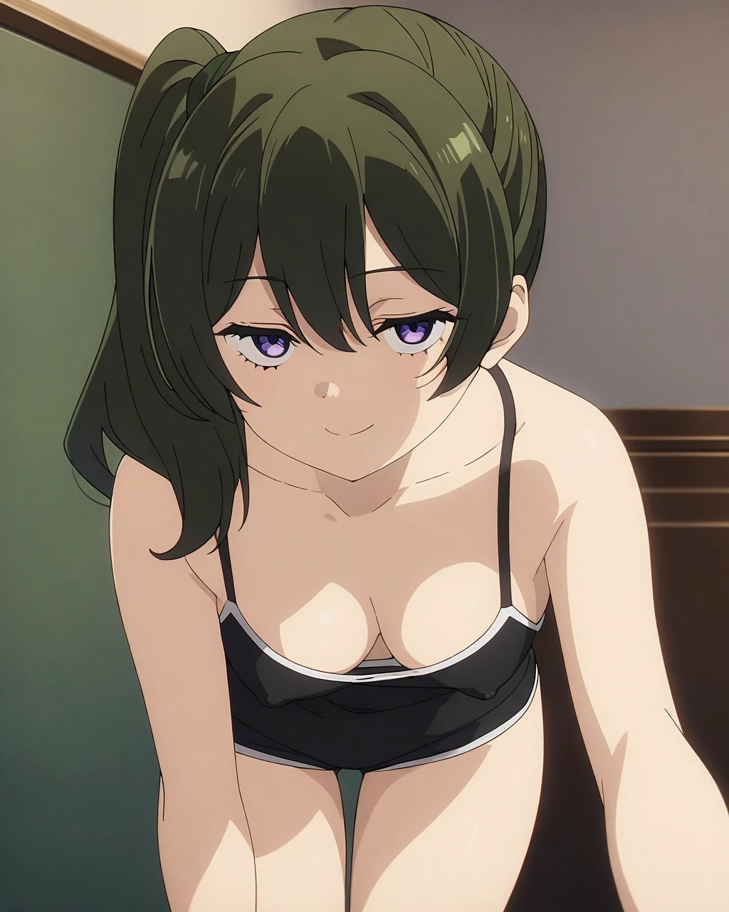 (masterpiece:1.2, best quality), (finely detailed beautiful eyes: 1.2), (extremely detailed CG unity 8k wallpaper, masterpiece, best quality, ultra-detailed), (masterpiece, best quality:1.2), 1girl, female solo, huge breasts, rounded breasts, shining breasts, perfect eyes, perfect face, perfect body, seductive,, looking at viewer, cleavage, zenin_maki, ponytail, bangs, green hair, brown eyes, dark green lace bra, dark green lace panties, dark green lace lingerie, no clothes, no cloth, sitting, on her knees, blush on face